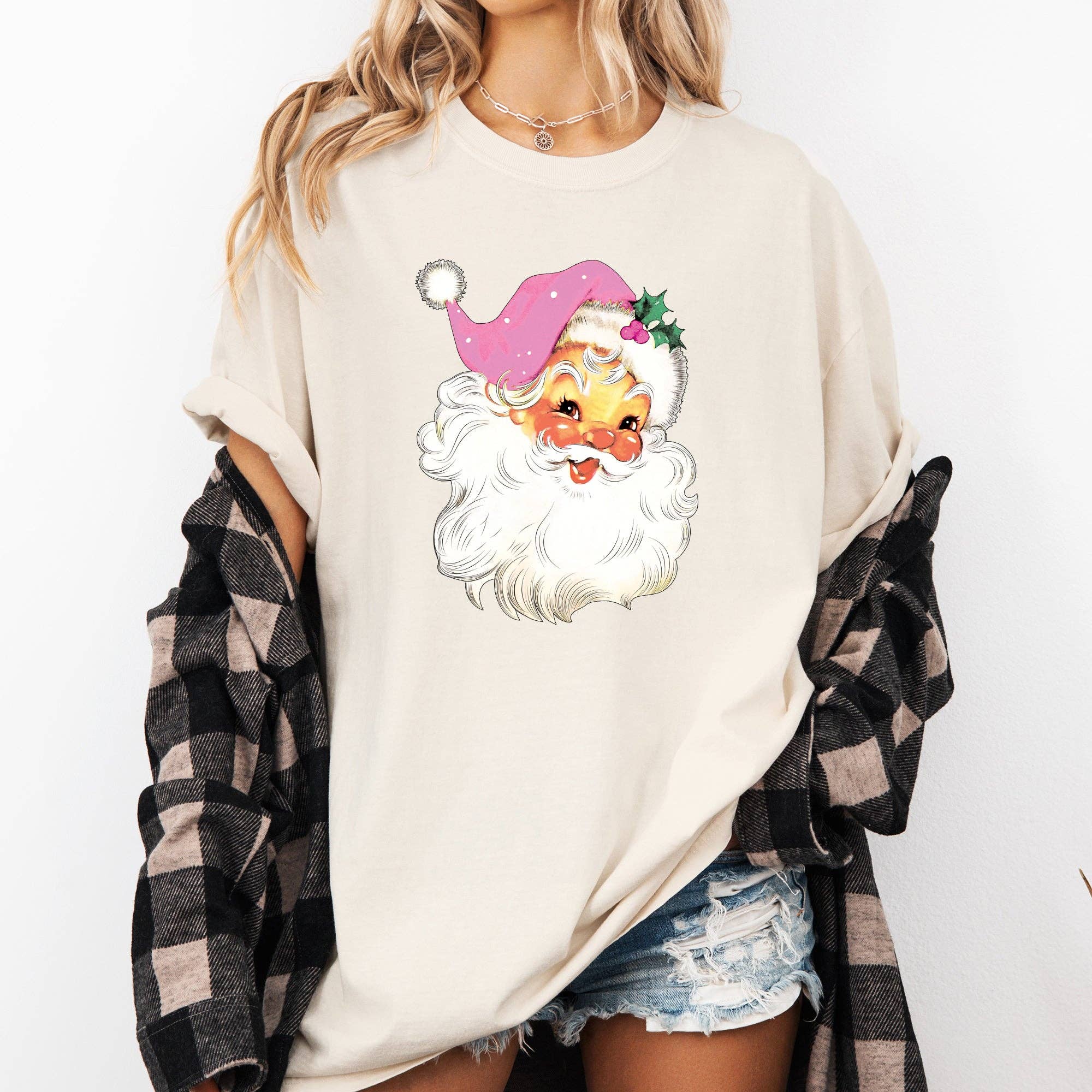 Retro Santa, Pink, Classic, Twinkle, Christmas Winter Tshirt