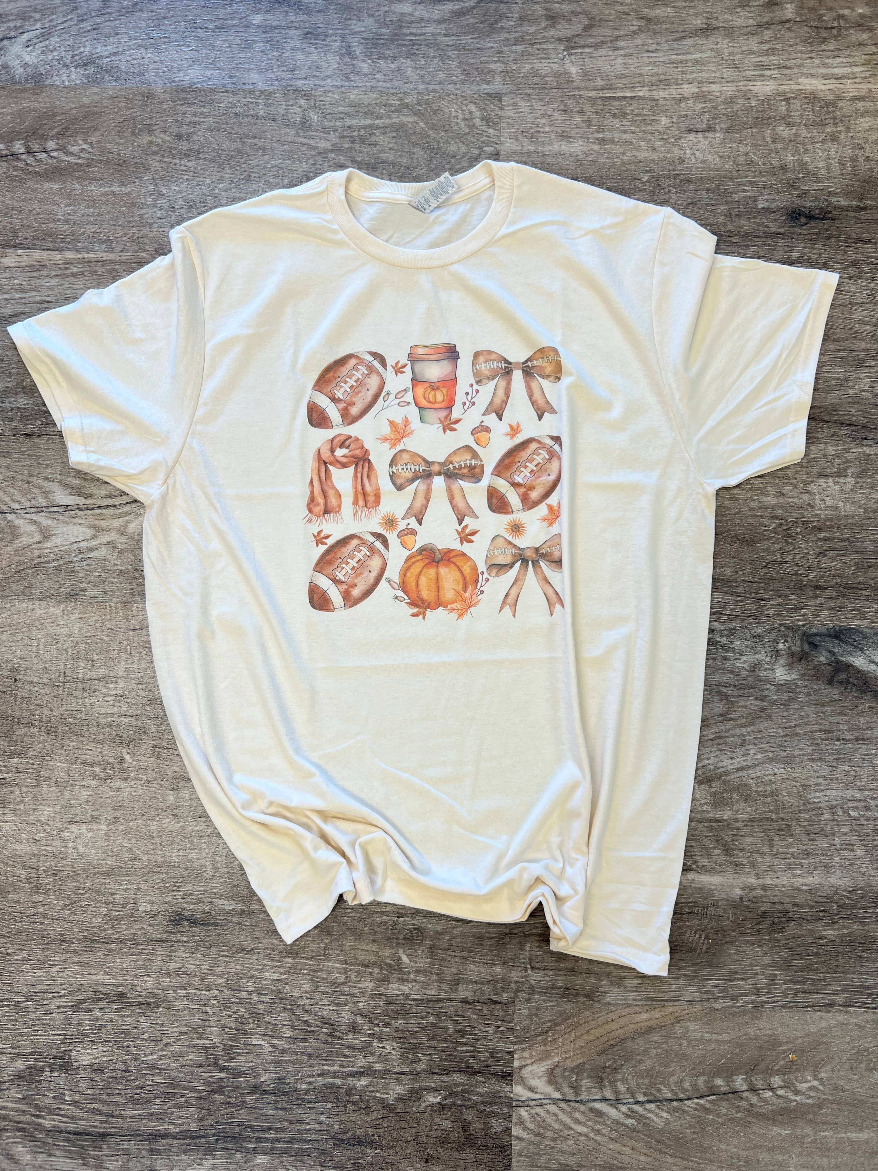 Cozy Fall Football Bows On Cream Tee