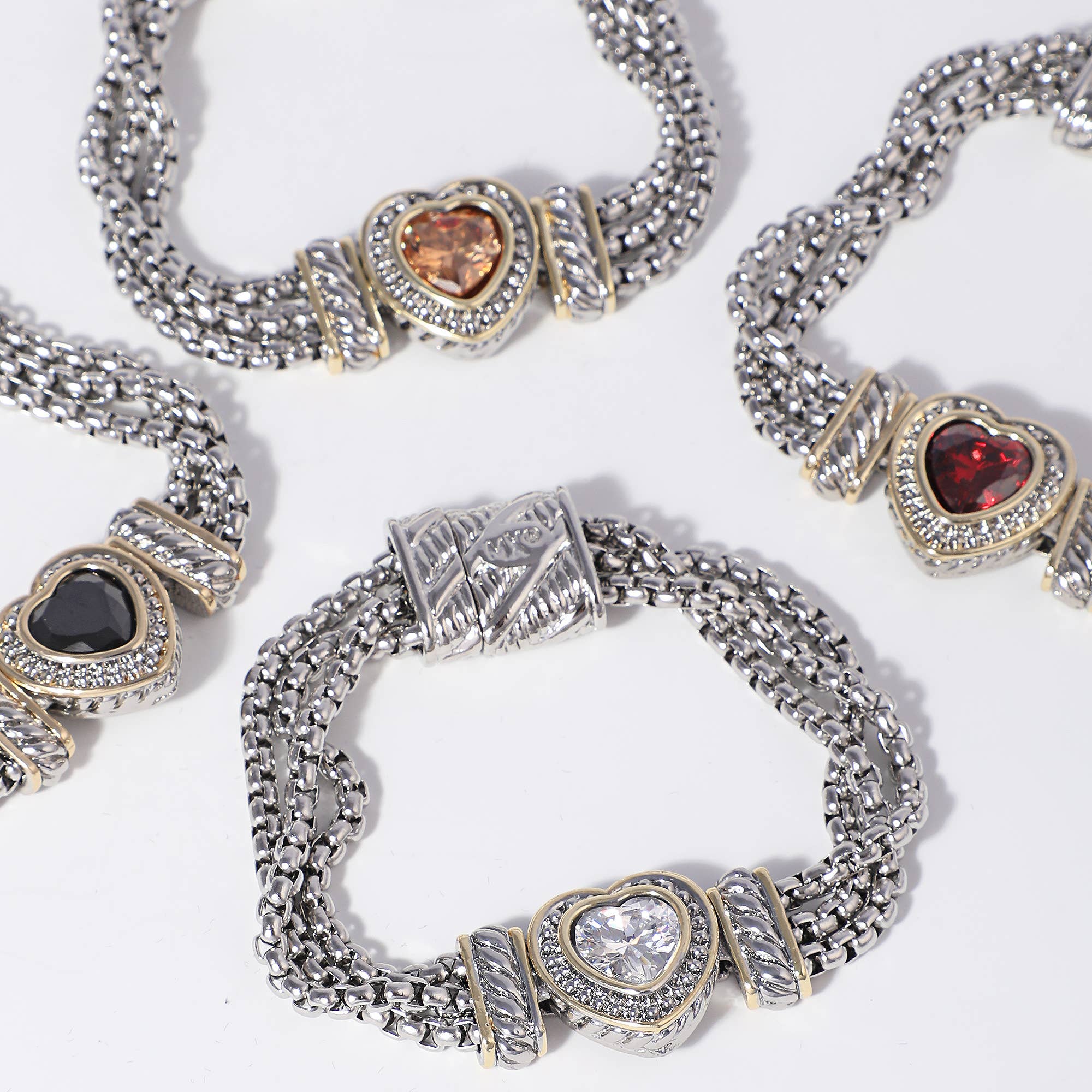 Cz Heart Charm 3 Layered Box Chain Bracelet