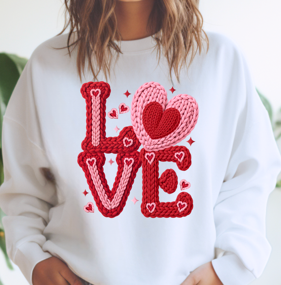 Faux Yarn Crochet Love Valentines Day Tee or Sweatshirt