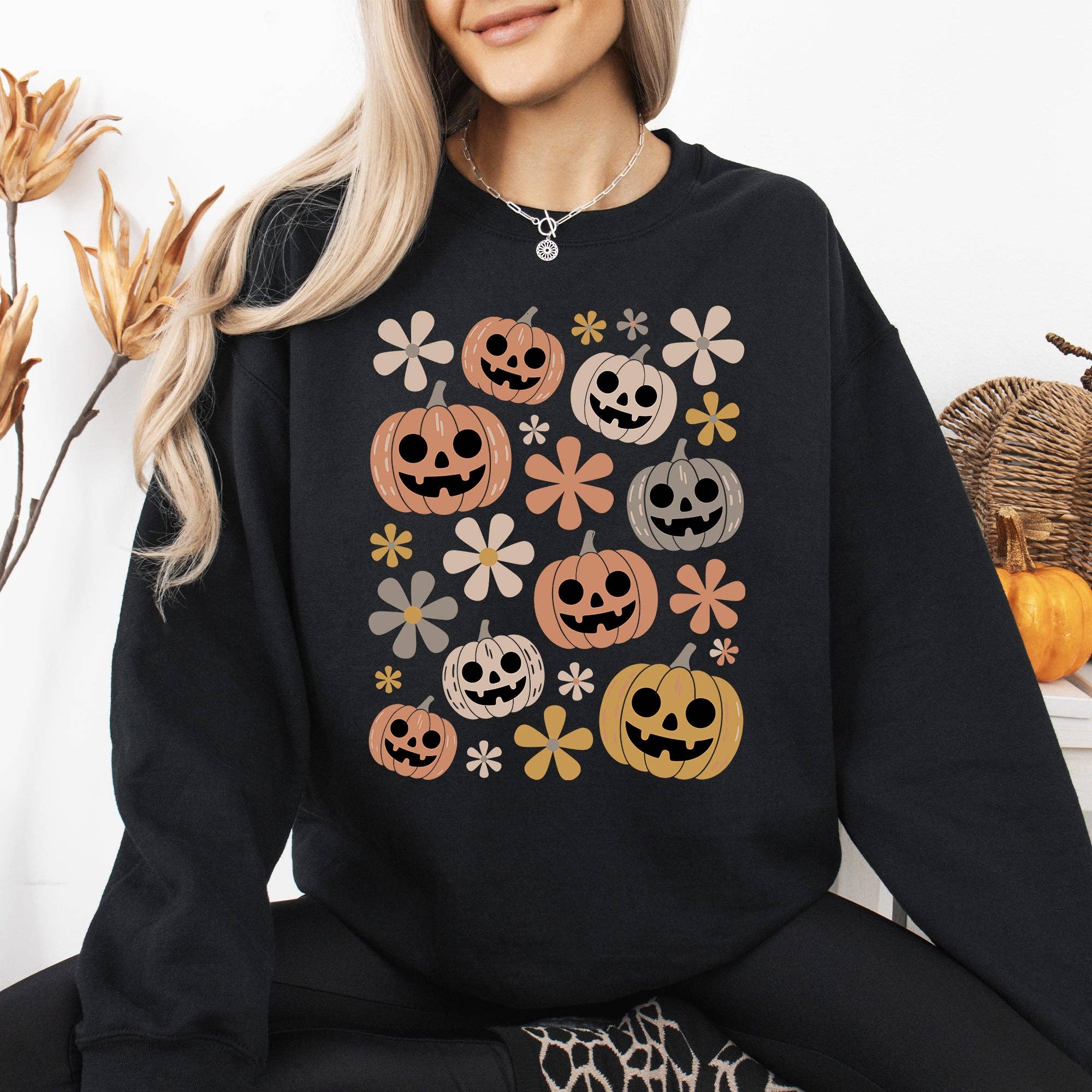 Pumpkins and Flowers, Halloween, Graphic Sweatshirt