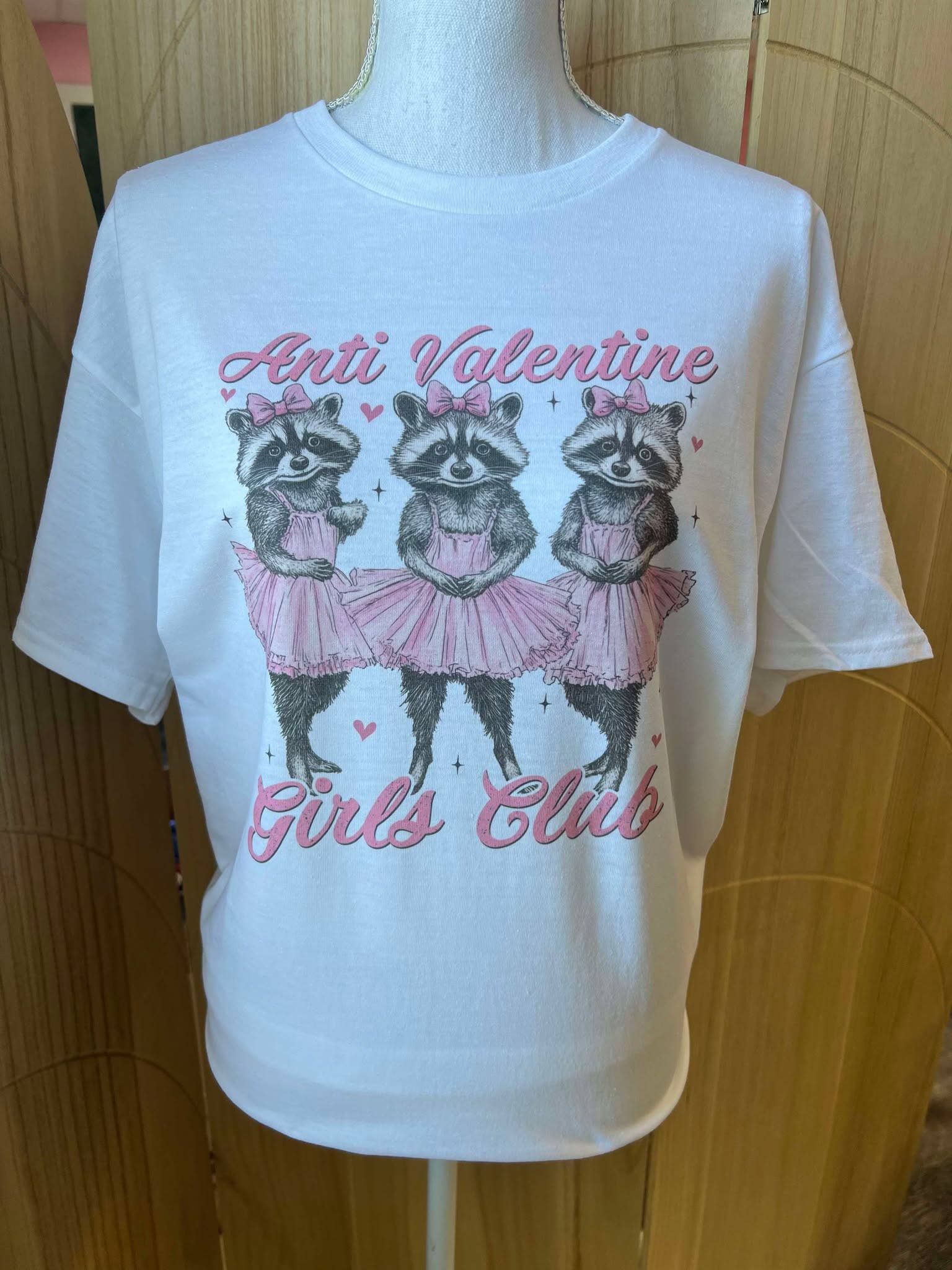 Anti-Valentine Girls Club Ballerina Raccoons On White Tee