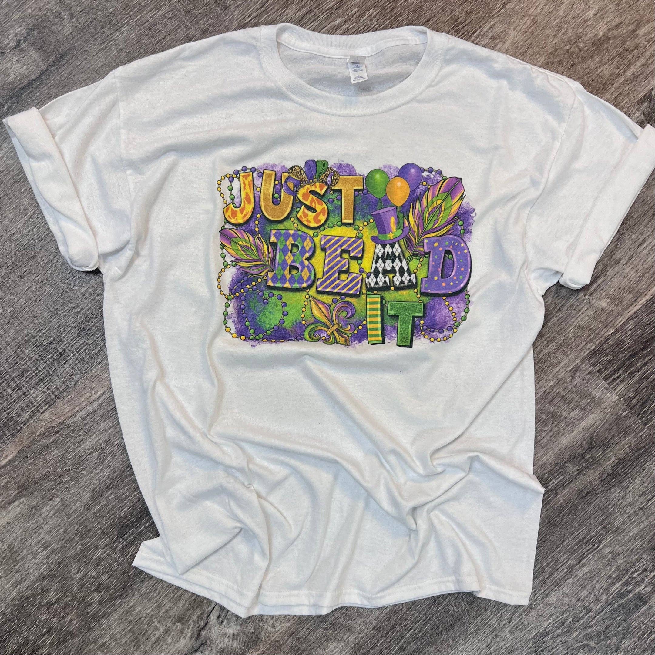 Just Bead It Mardi Gras Tee On White Tee