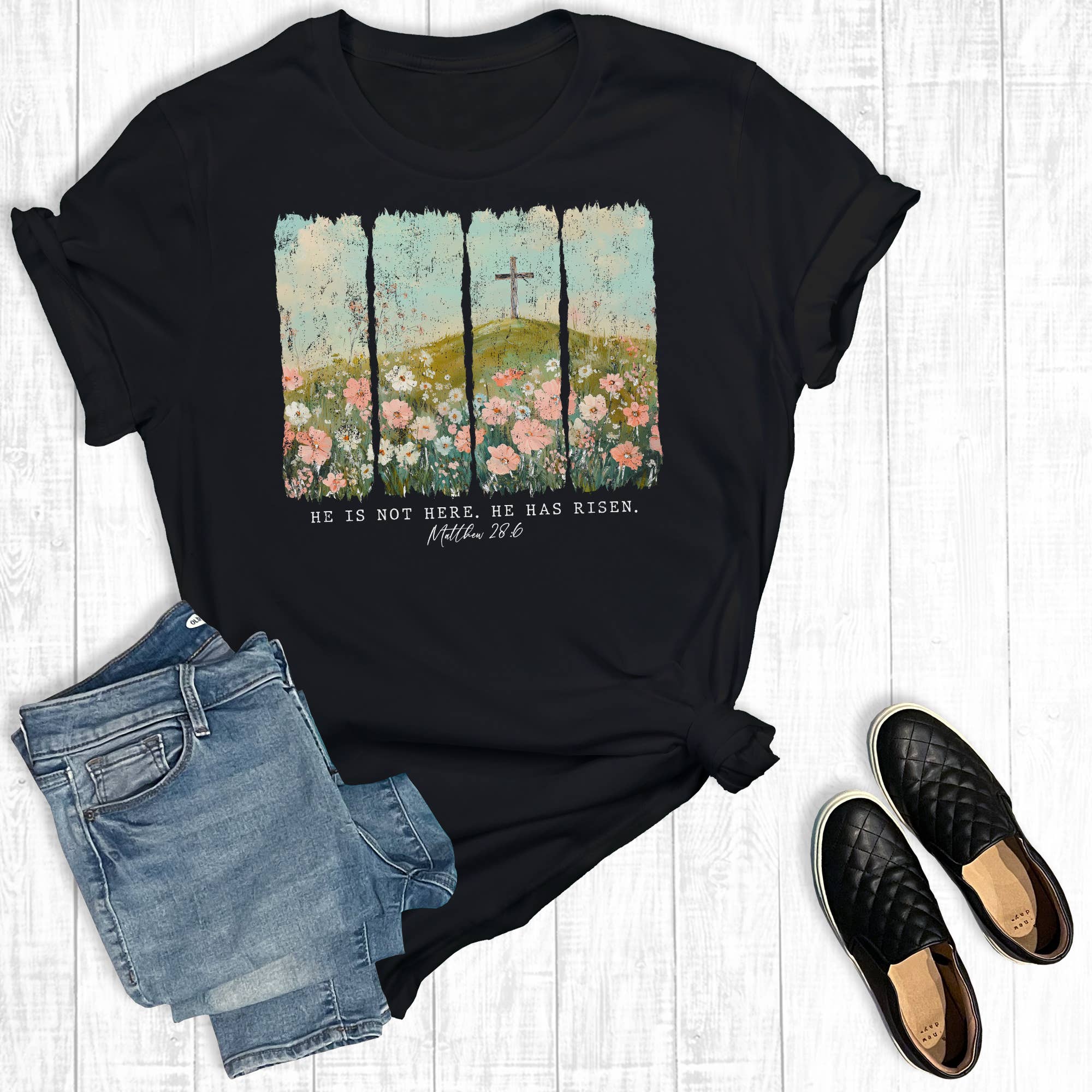Retro He Is Risen Cross Graphic Tee