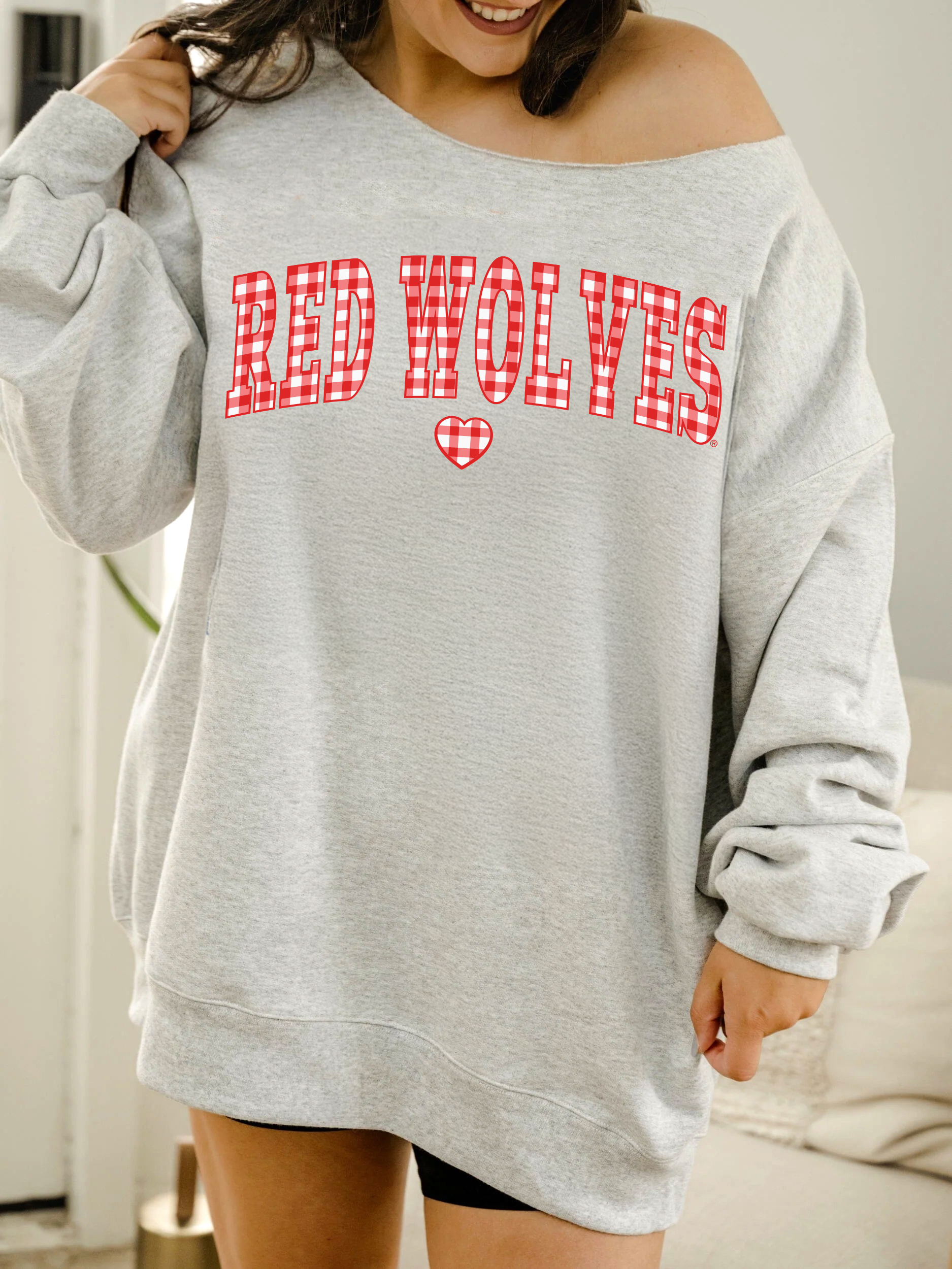 Asu Red Wolves Gingham Heart Gray Flashdance Sweatshirt