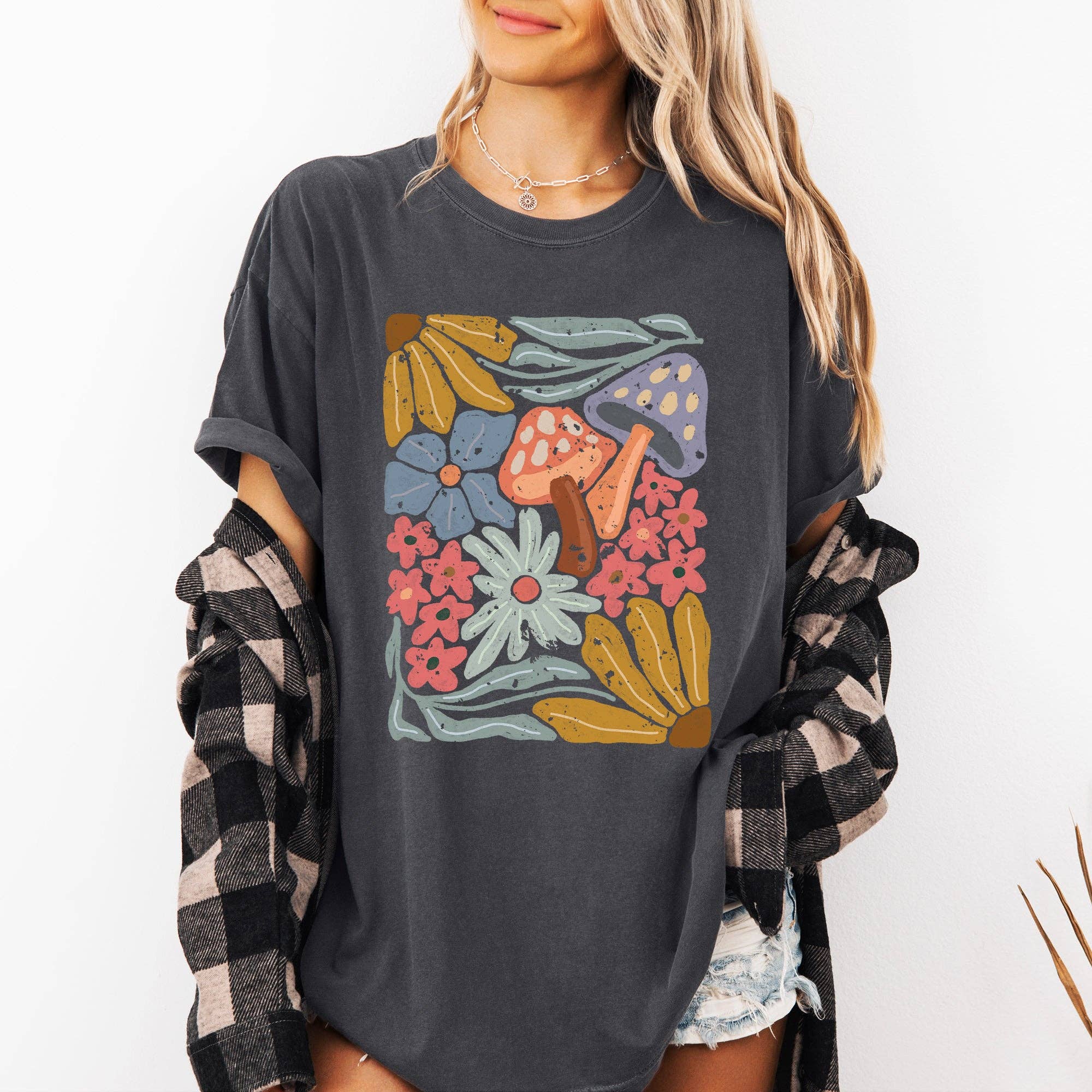 Retro Flowers, Mushrooms, Floral Comfort Colors T-Shirt