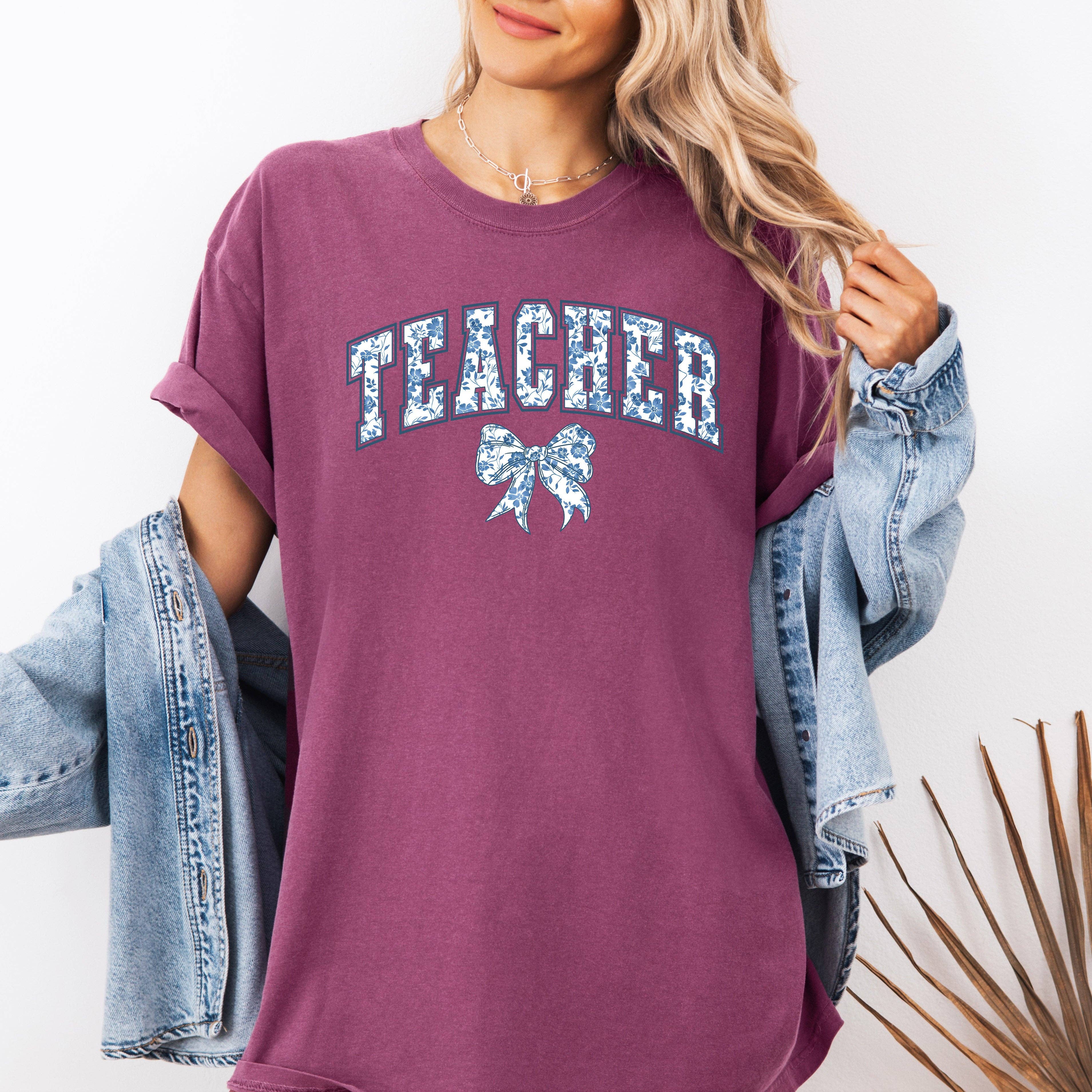 Teacher, Bow, Blue Floral, First Day of School, T-Shirt