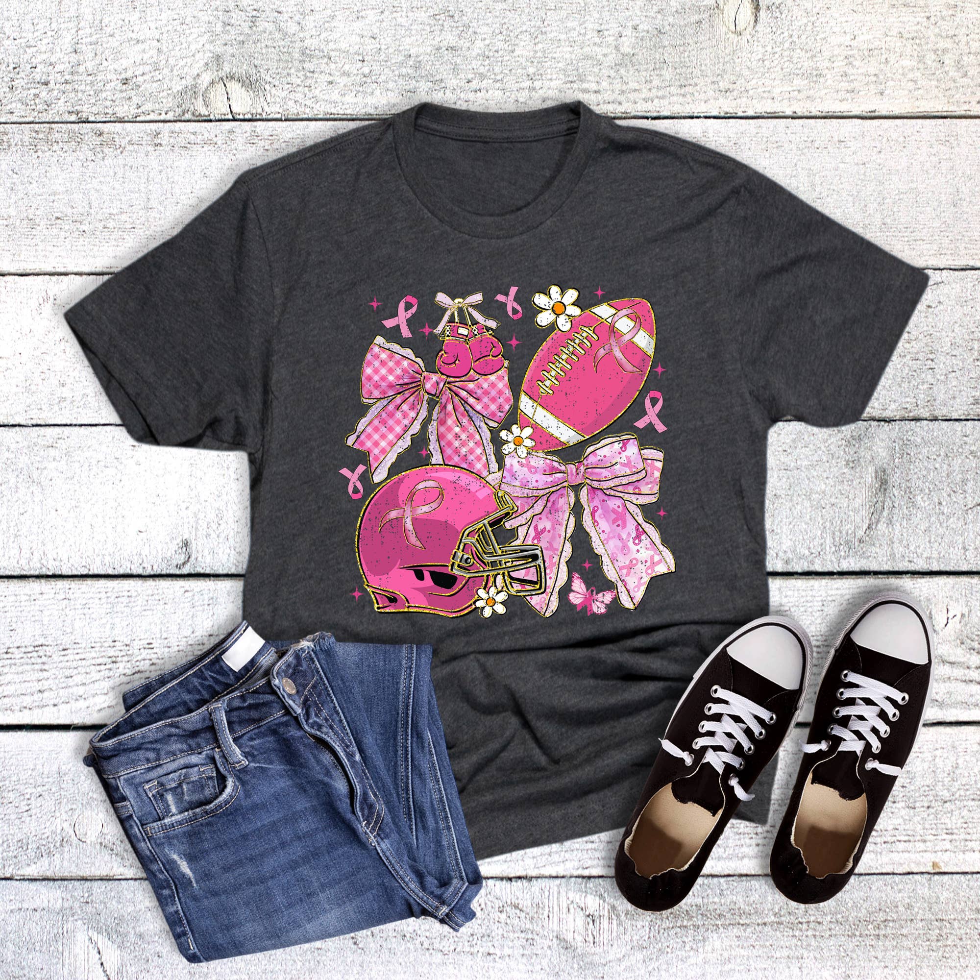 Coquette Cancer Football Gloves Graphic Tee