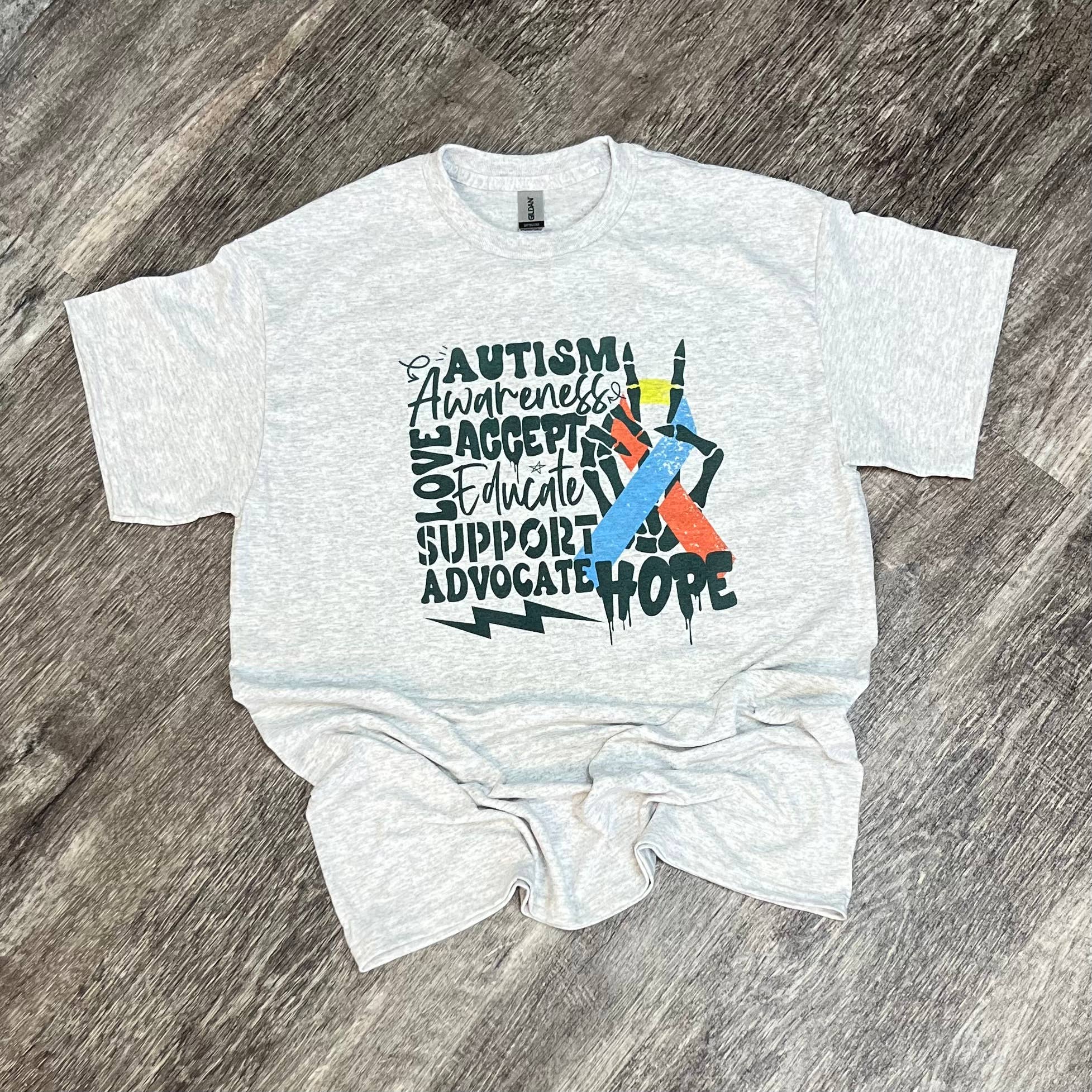 Autism Awareness Skeleton Hand with Ribbon On Ash Gray Tee