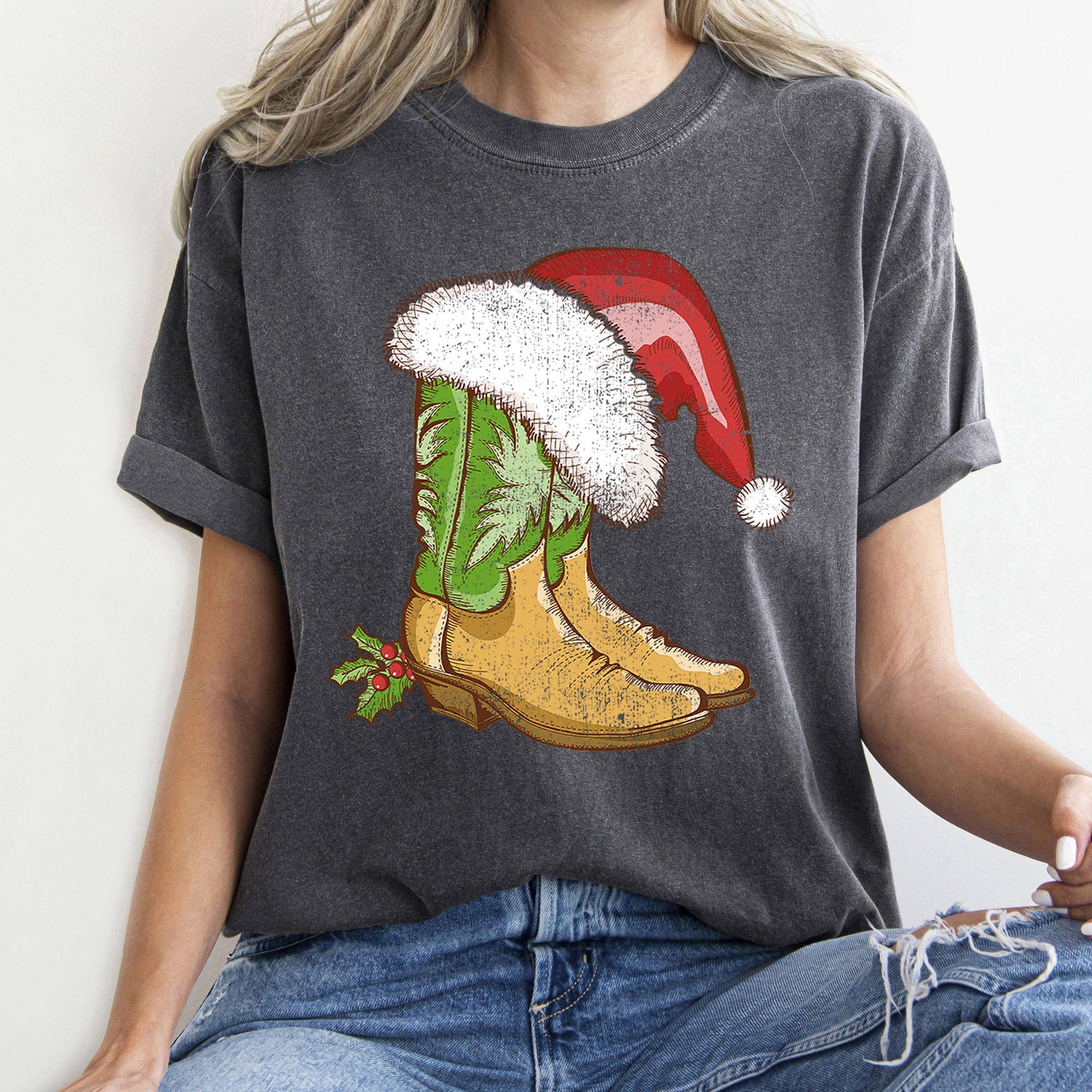 Country Christmas Cowboy Boots, Santa Hat T-Shirt