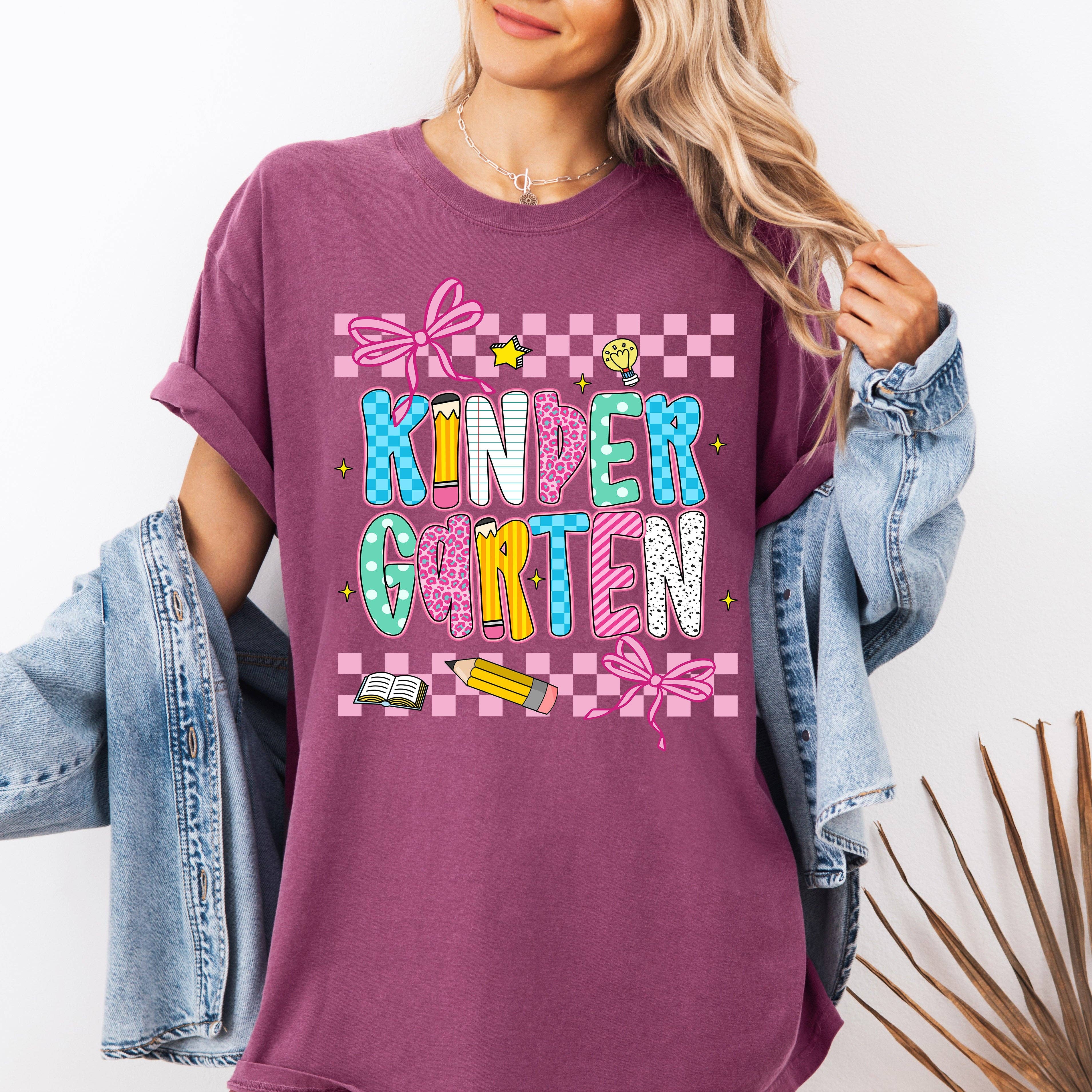Kindergarten, Teacher Back To School Checkered, Bow, T-Shirt