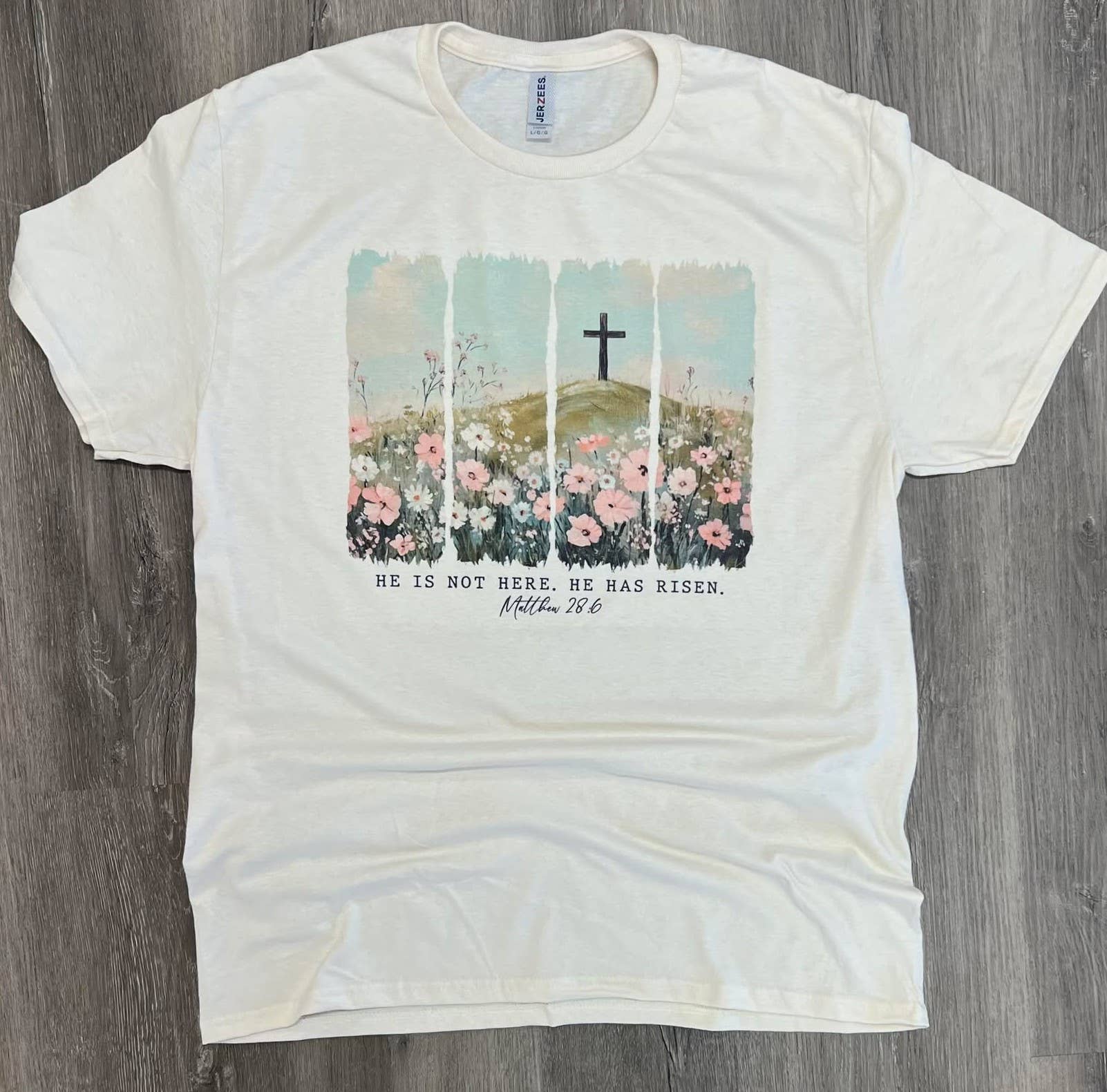 He Is Not Here He Has Risen Flower Field with Cross On Cream