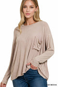 ....1020 Washed Dolman Sleeve Round Neck Top with A Pocket SI-25307