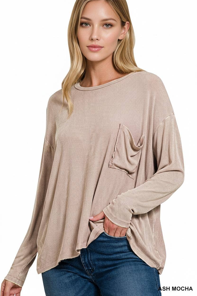 ....1020 Washed Dolman Sleeve Round Neck Top with A Pocket SI-25307