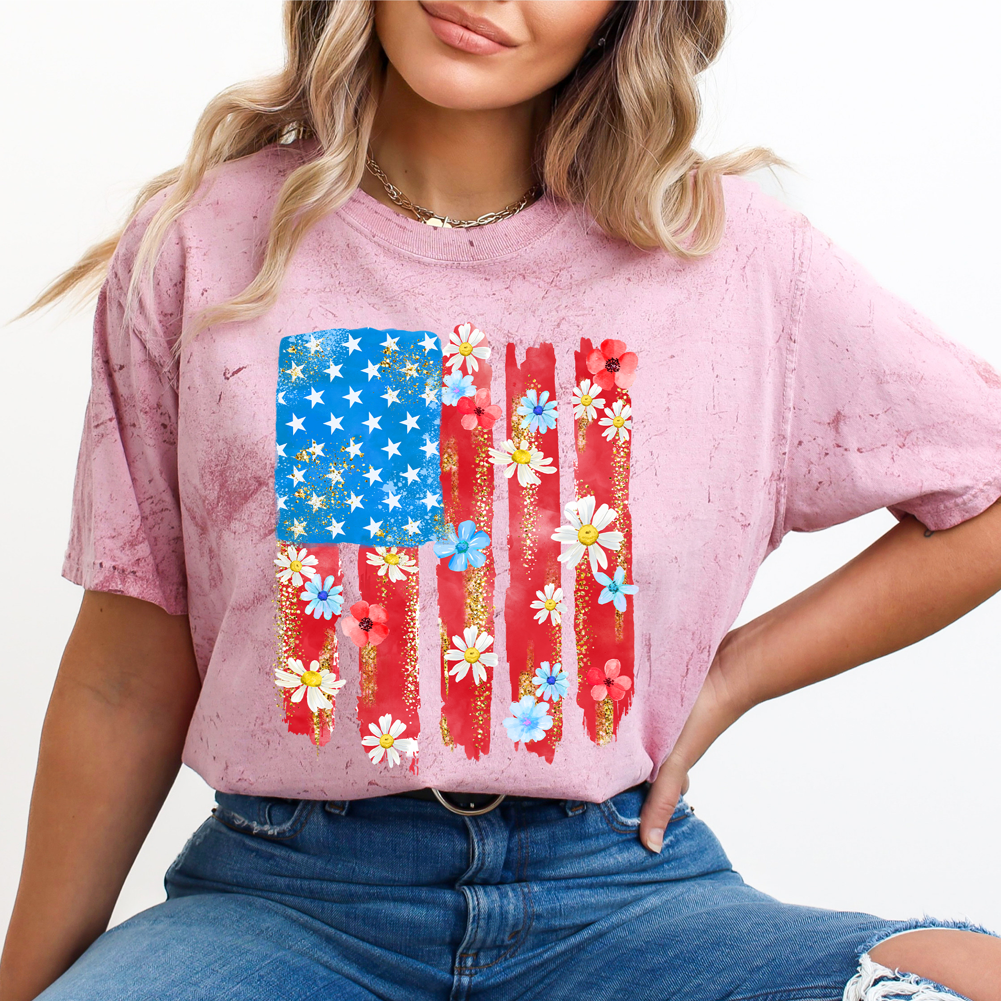 Retro Flower Flag, Fourth of July, America USA T-Shirt