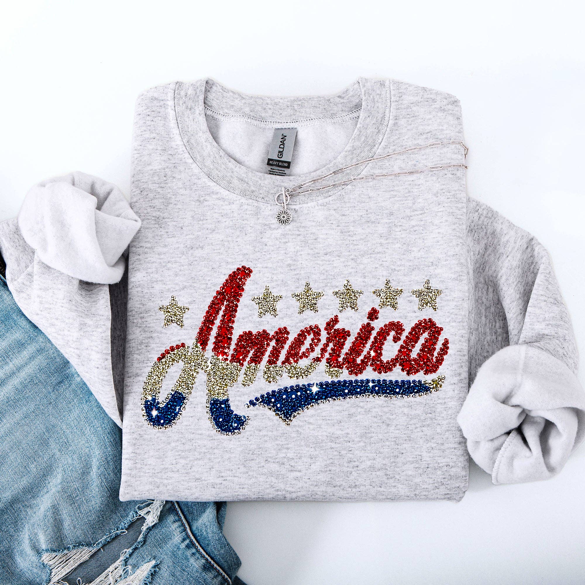 Glittery, America Stars and Stripes USA Patriotic Sweatshirt