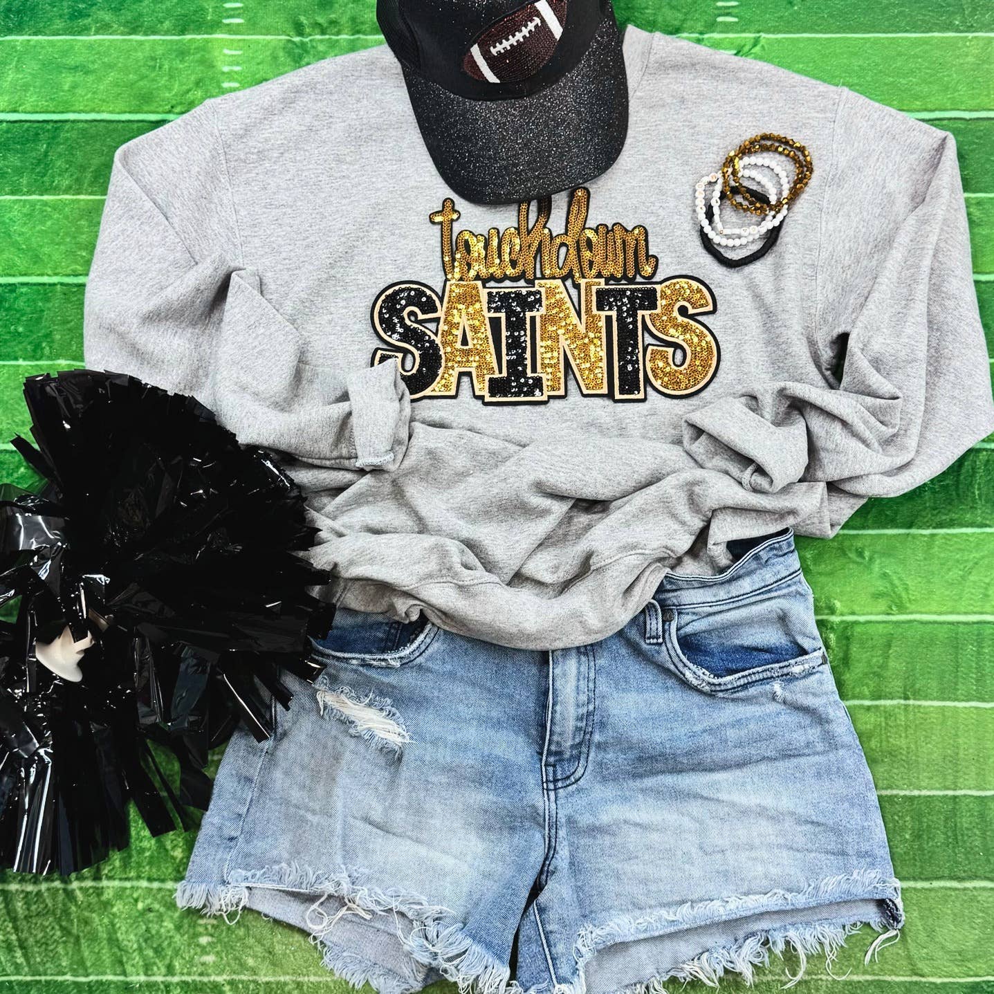 Touchdown Saints Sequin Patch Sport Grey Crewneck Sweatshirt