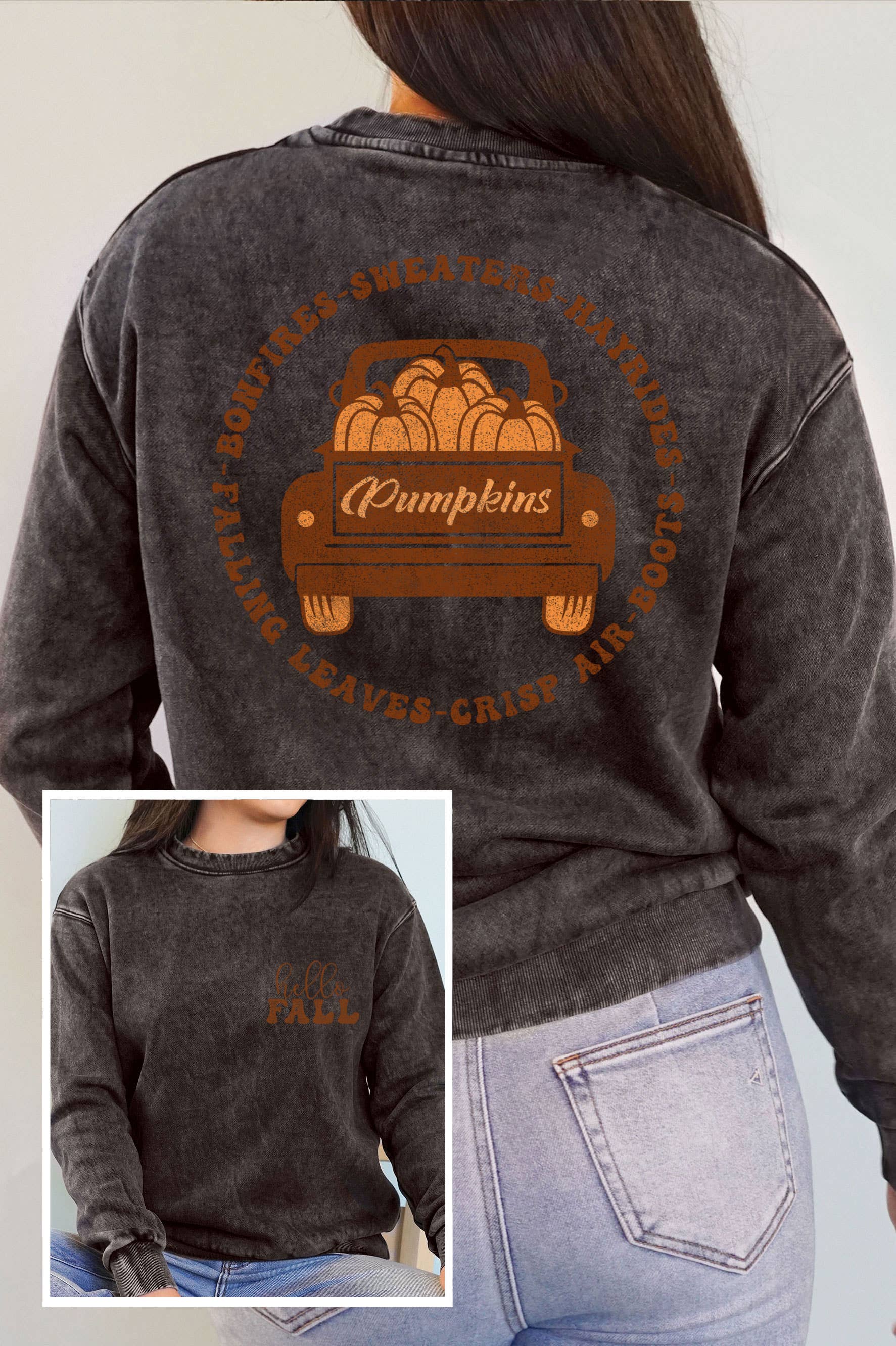 Hello Fall Pumpkin F&B Mineral Graphic Brushed Sweatshirts
