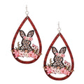 Wood Water Drop Outline Bunny Inside Hook Earrings