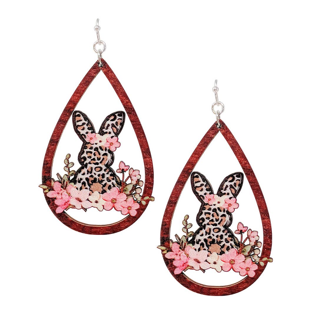 Wood Water Drop Outline Bunny Inside Hook Earrings