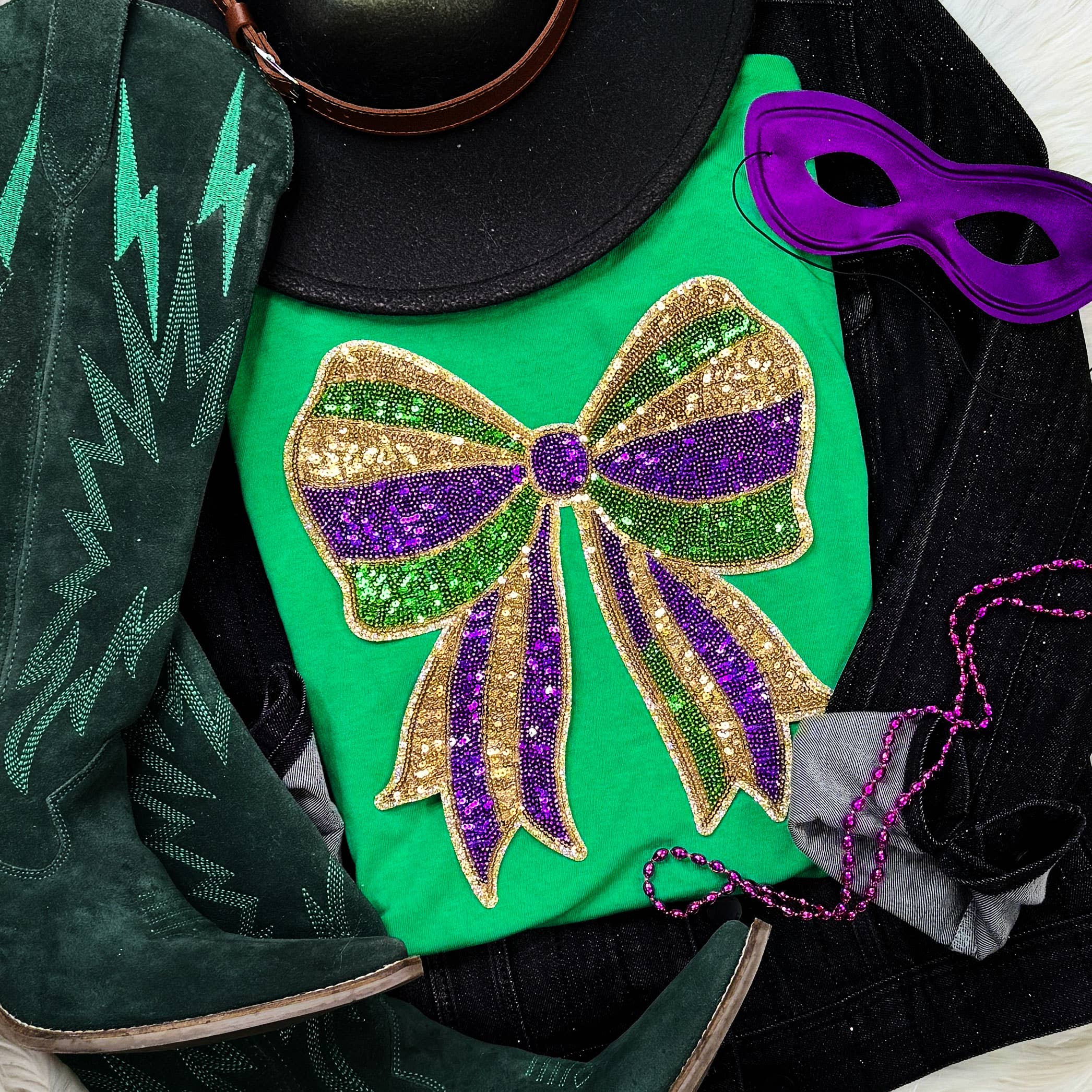 Mardi Gras Sequin Bow (Gold Backing) Patch Tee