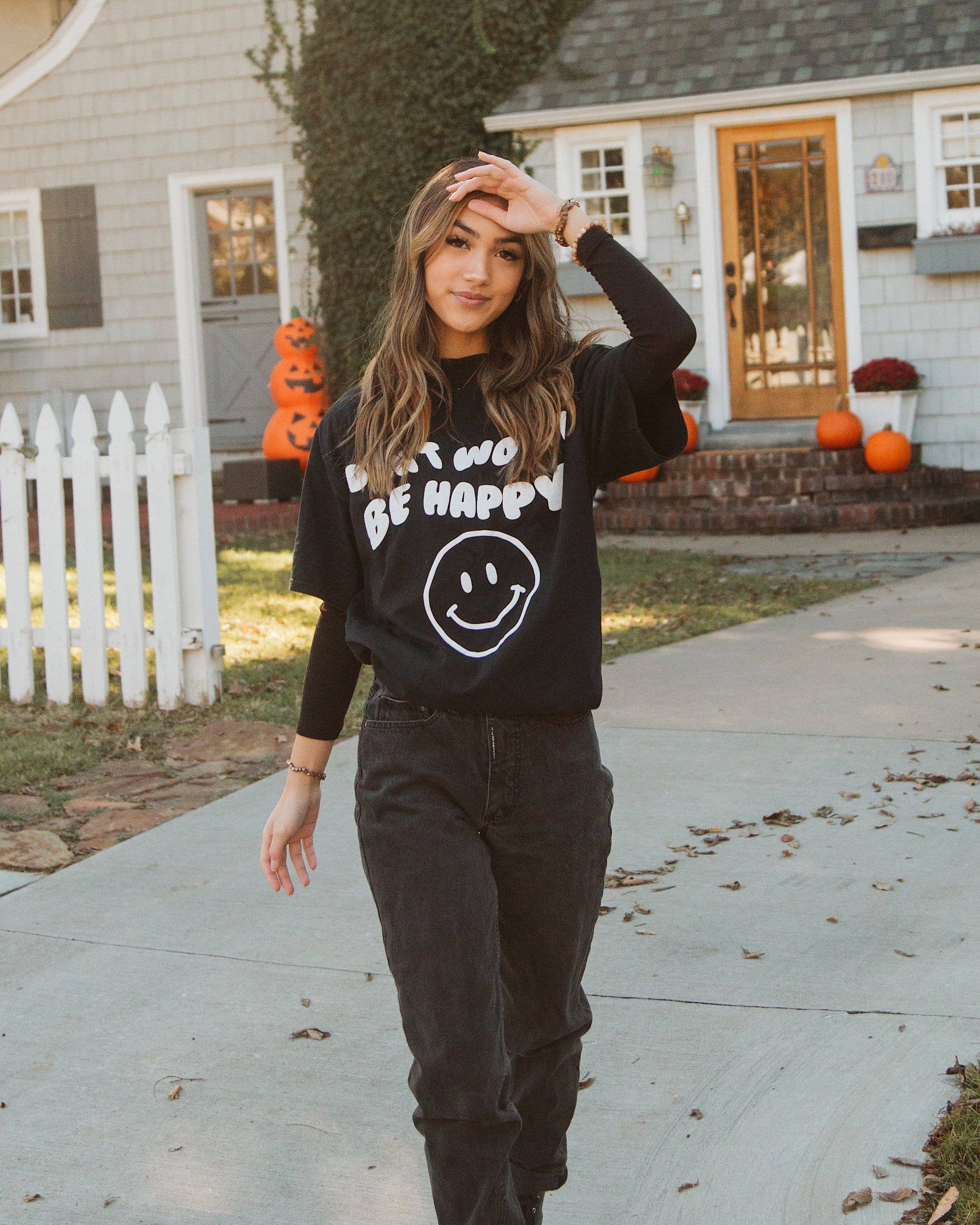 Don't Worry Be Happy Puff Ink Black Thrifted Graphic Tee