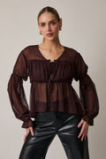 V-Neck Long Sleeve Front Tied Sheer Blouse