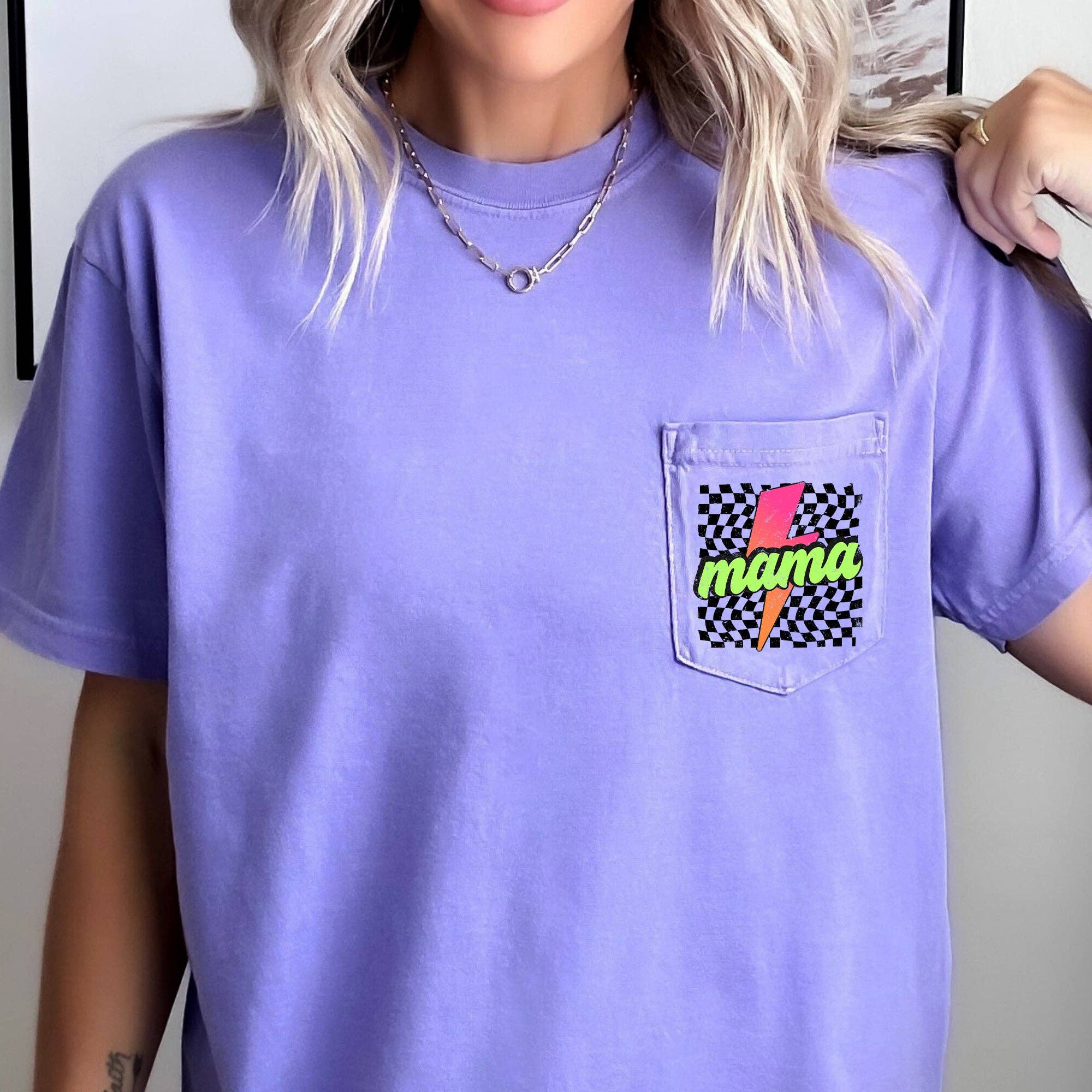 Mama, Checkered, Lightening Bolt, Colorful, Pocket Tee