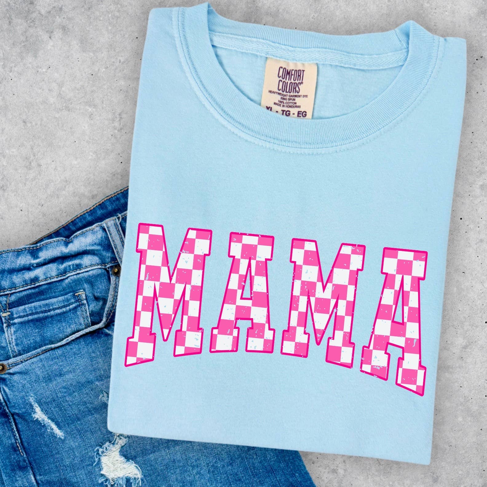 Hot Pink Checkered Mama Comfort Color Graphic Tee