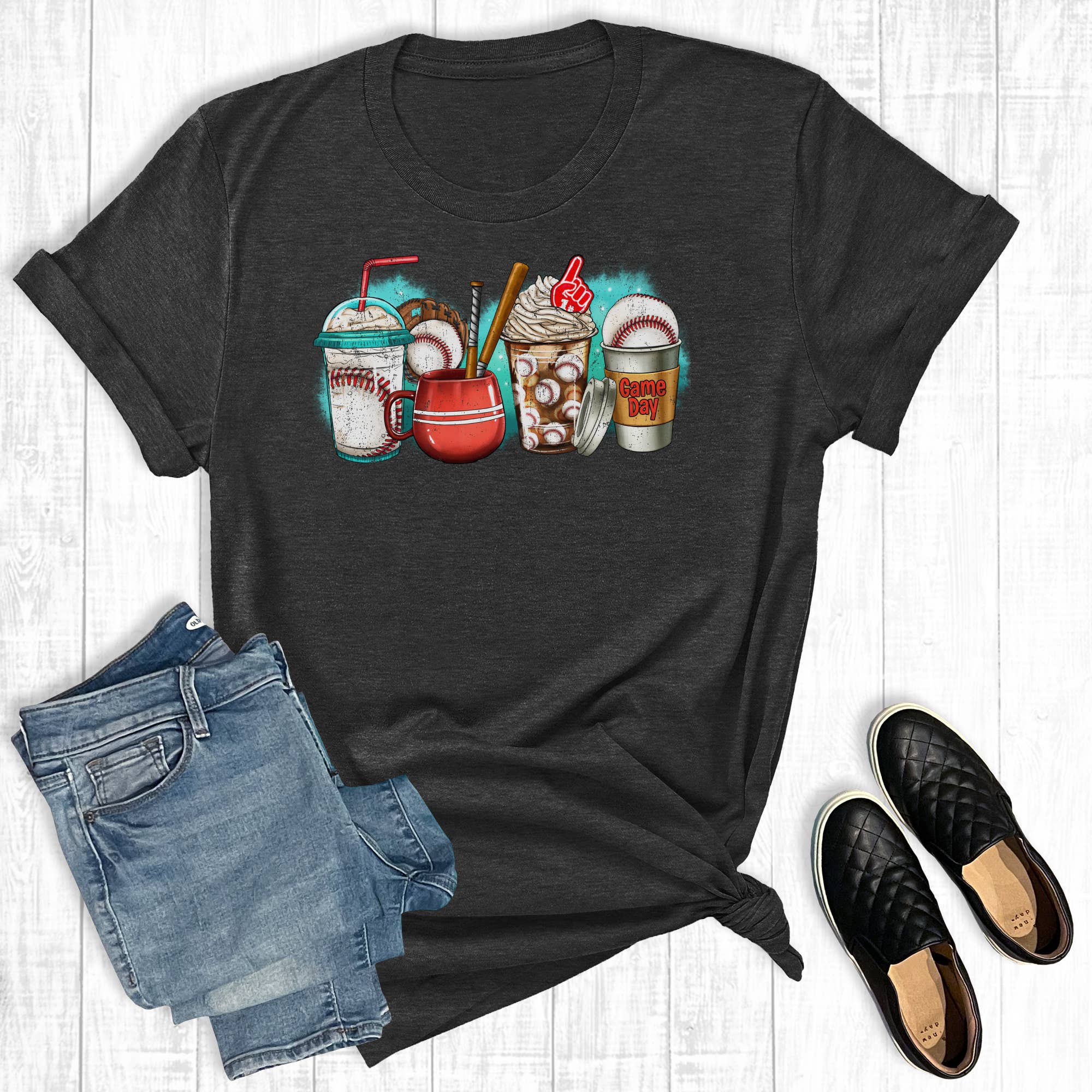 Baseball Game Day Coffee Cups Graphic Tee