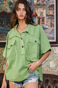 T1628A Solid French Terry Collared Loose Fit Top