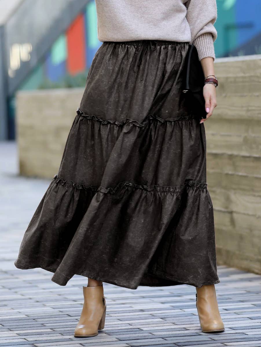 `.Vintage Washed Cotton Tiered Skirt Reg/Plus