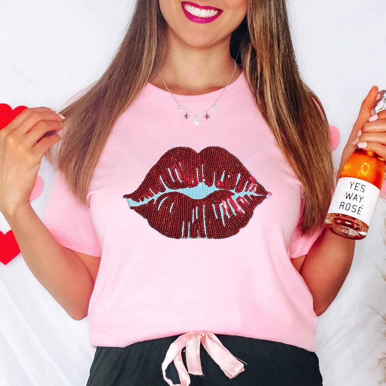 Red Lips Sequin Patch Everyday Tee