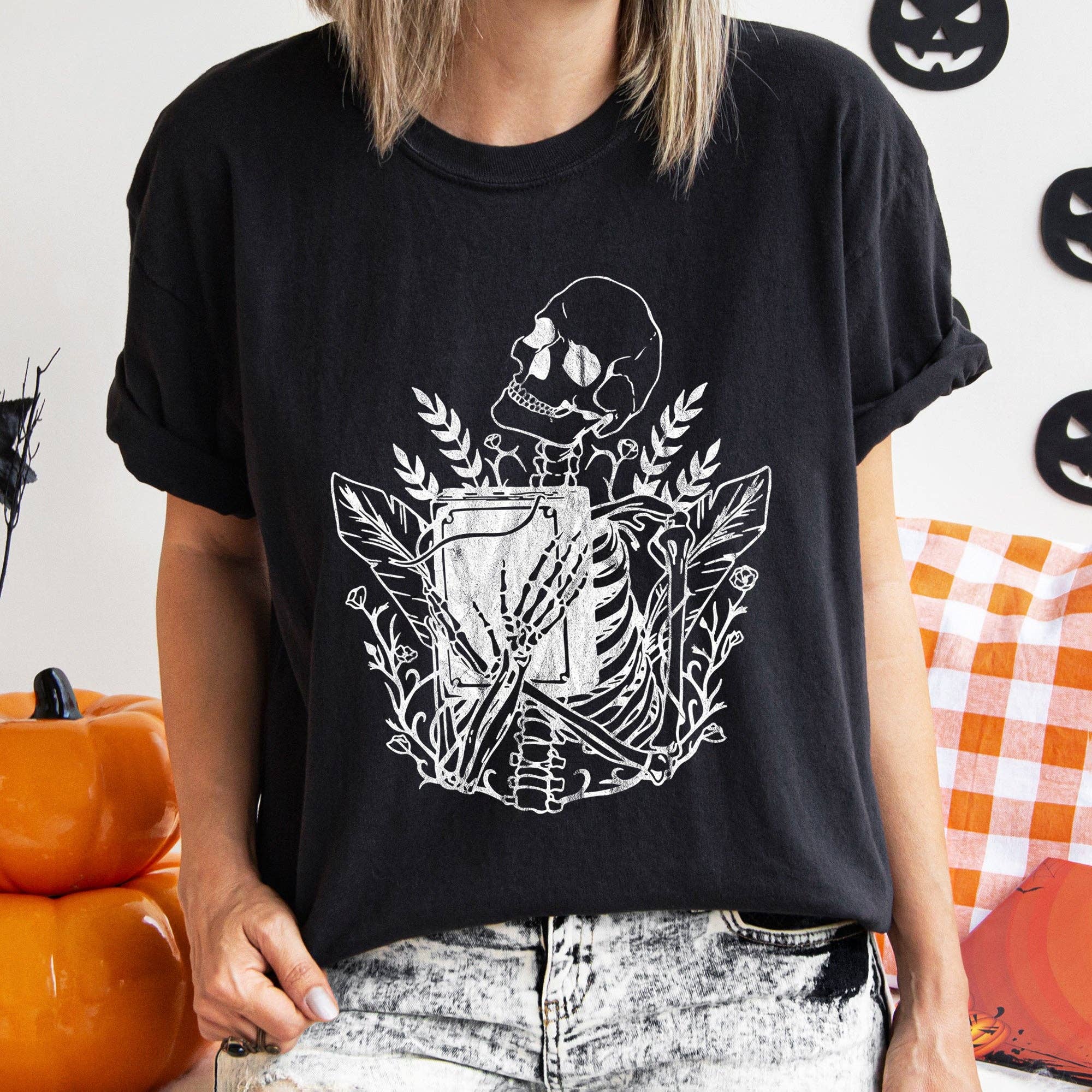 Skeleton and the Book Retro Halloween T-Shirt White Print
