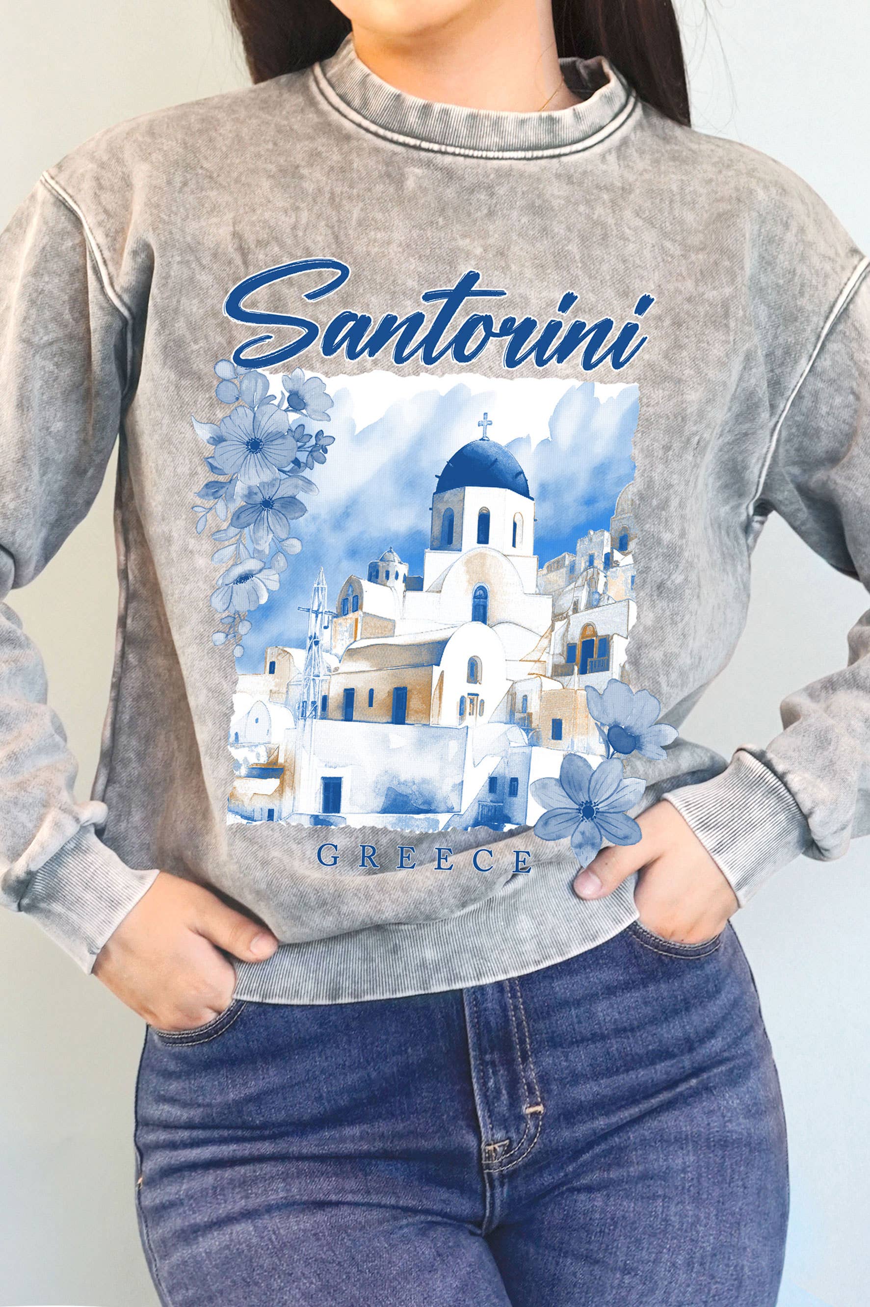 Santorini Greece  Mineral Graphic Brushed Sweatshirts