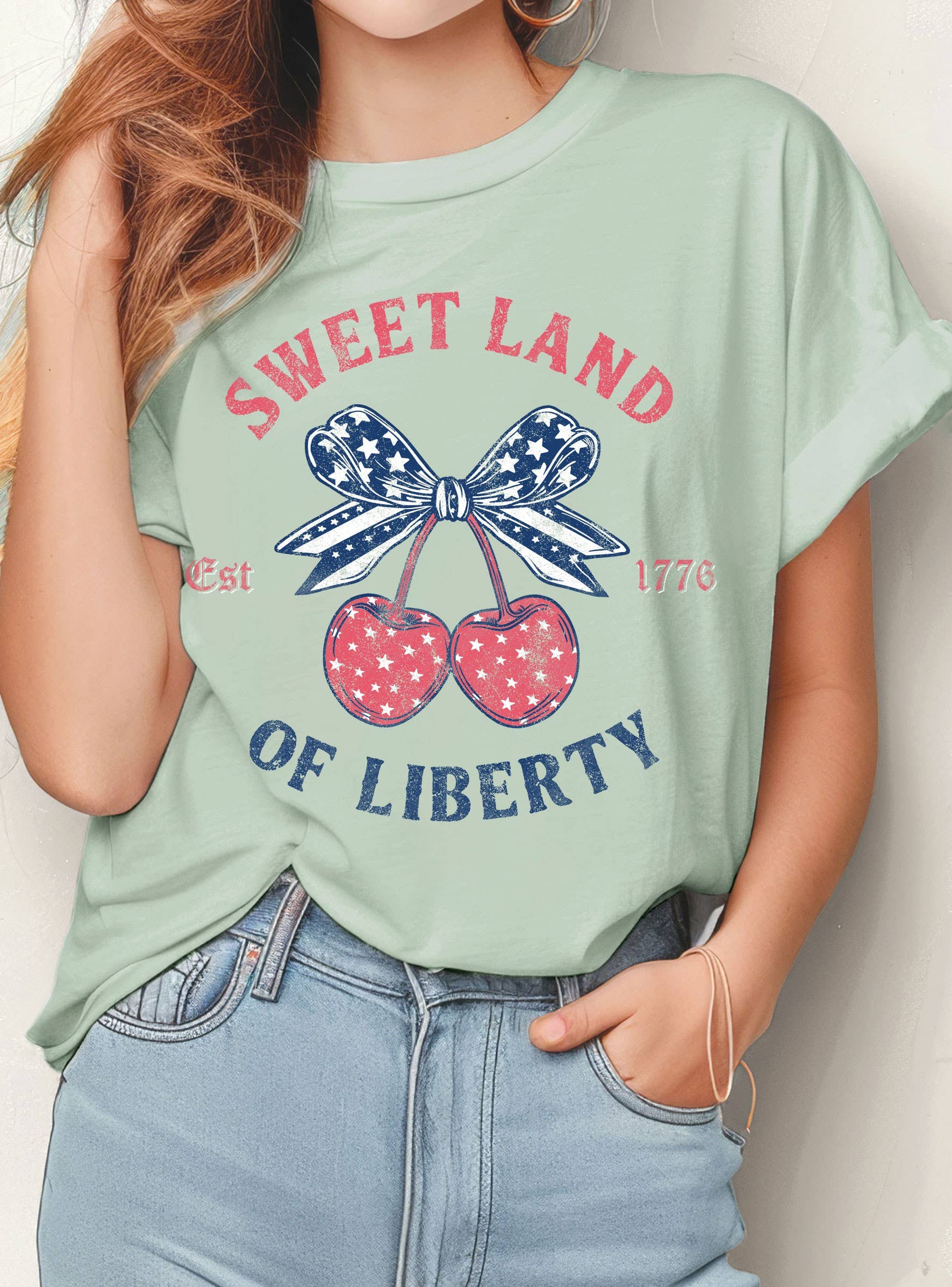 Sweet Land of Liberty America Flag Bow Cherry Graphic Tee
