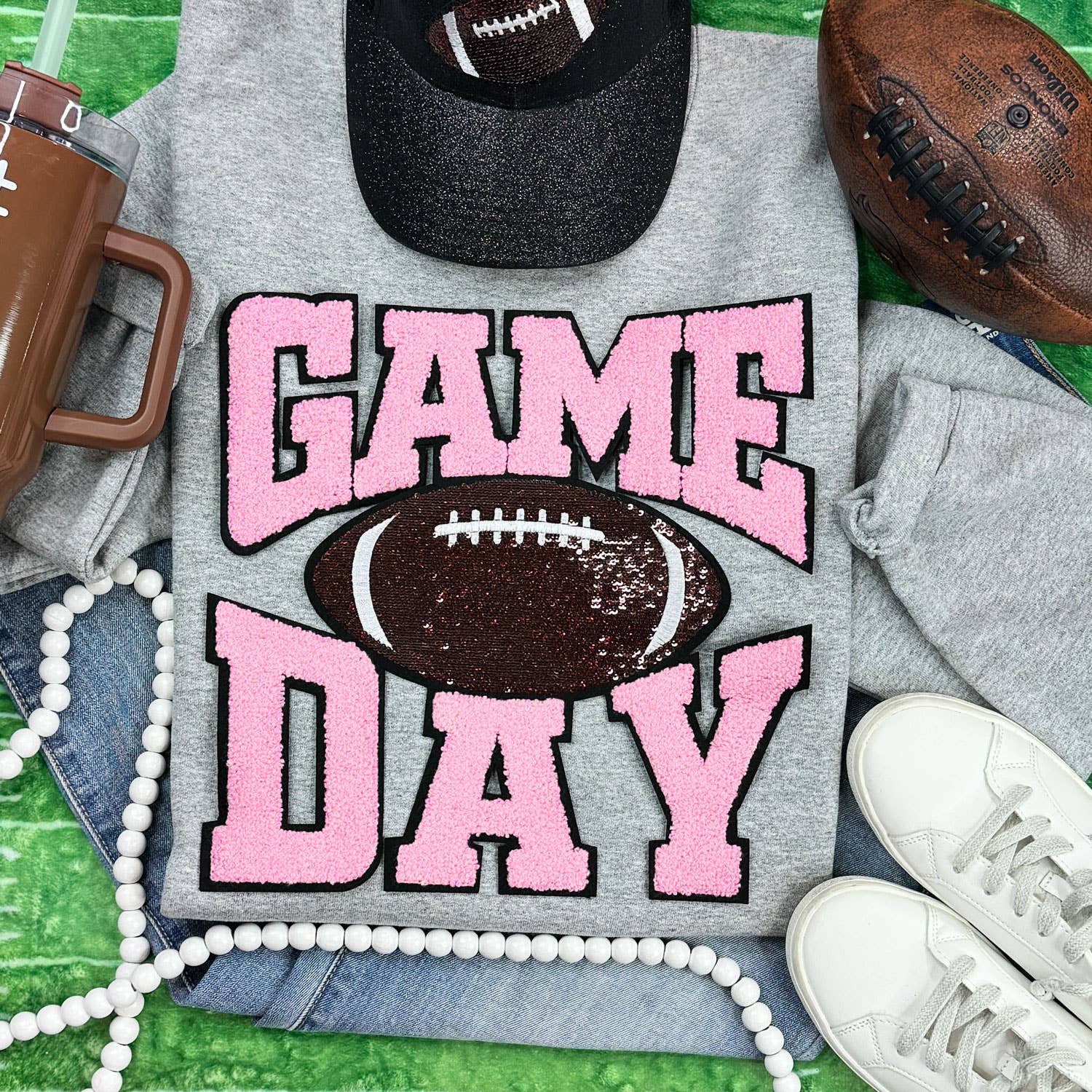 Light Pink Chenille Game Day with Sequin Football Patch Sport Grey Crewneck Sweatshirt
