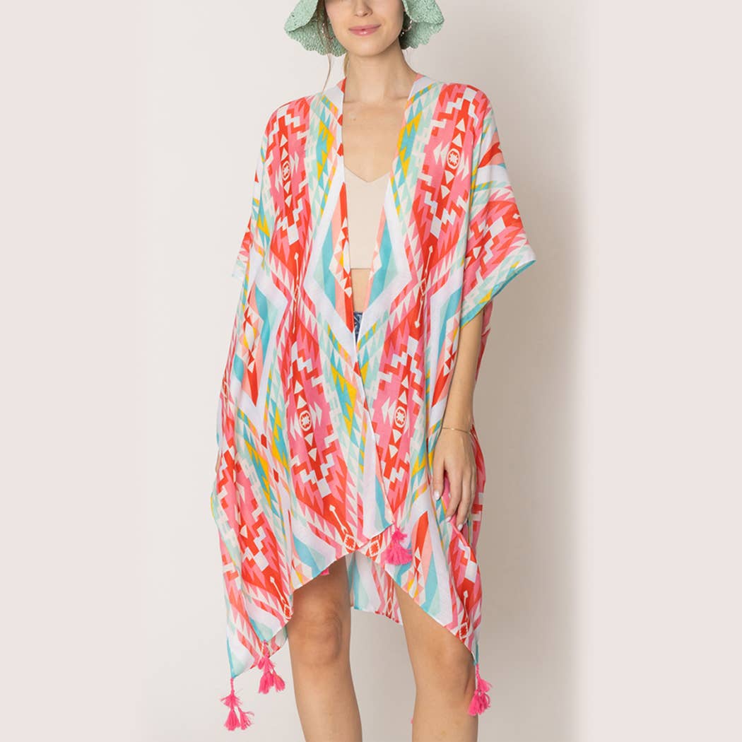 Aztec Print Tassel Kimono Poncho Beach Cover-Up