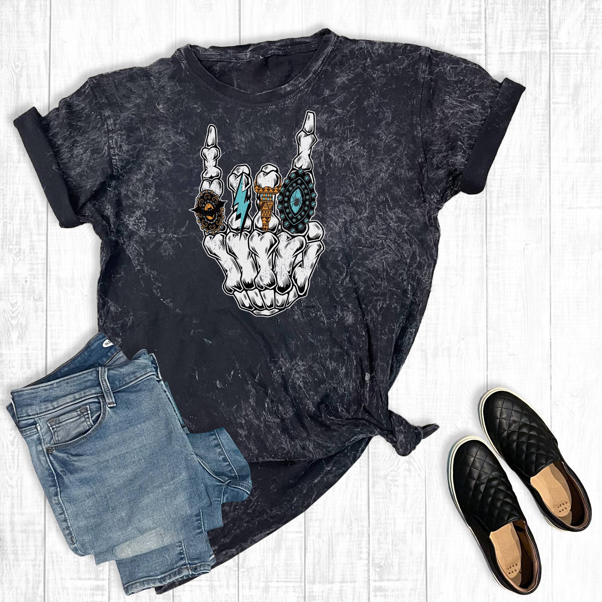 Western Halloween Turquoise Rock and Roll Mineral Wash Tee