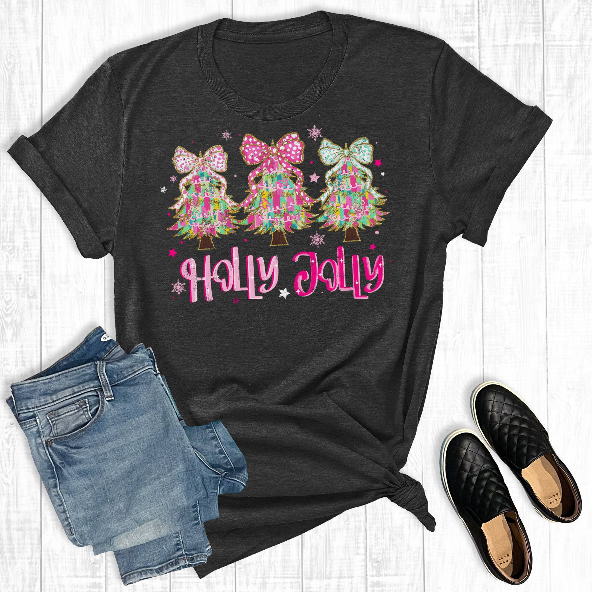 Retro Christmas Holly Jolly Colorful Trees Graphic Tee