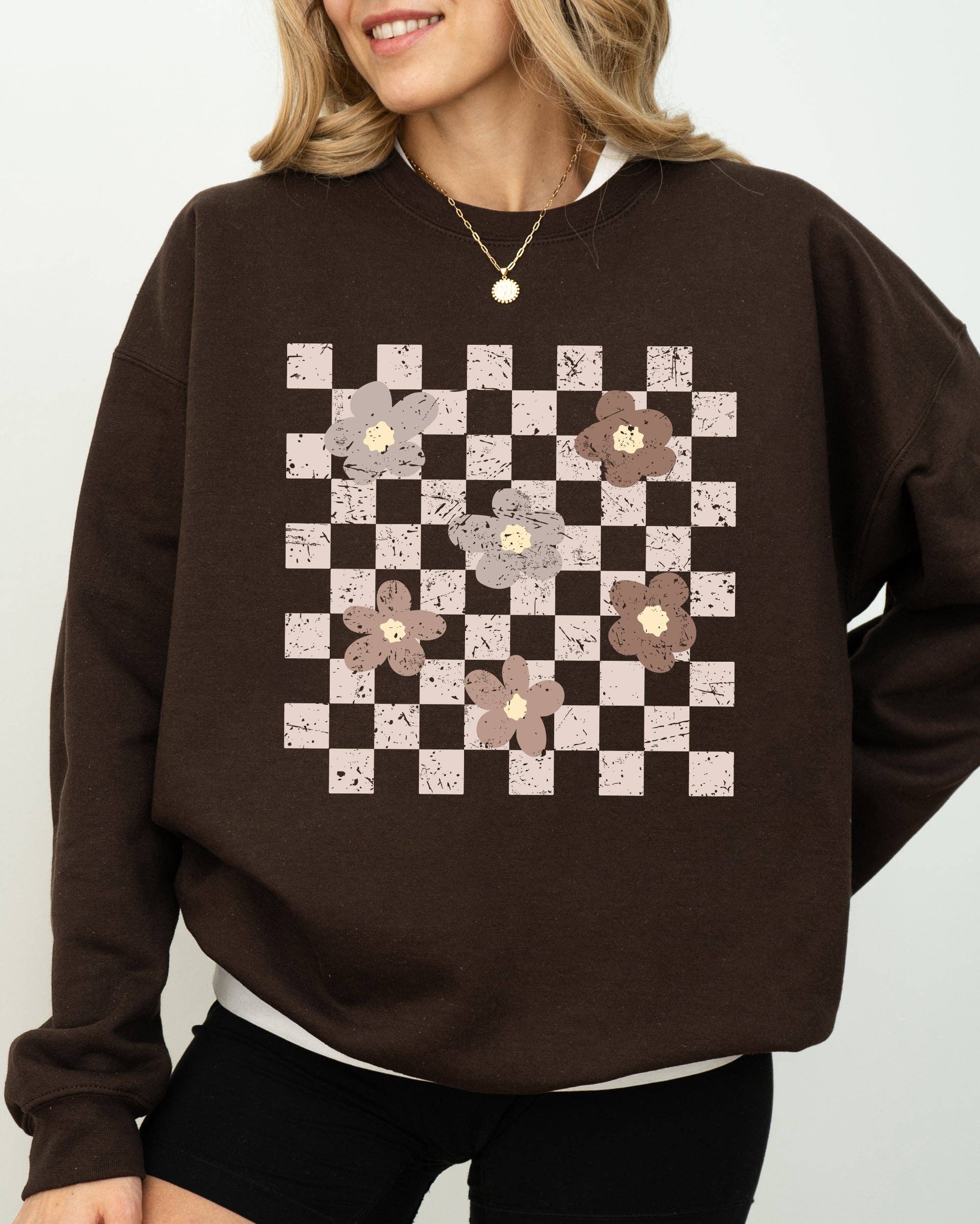 Retro Minimalist Flowers Checkered Floral Daisies Sweatshirt