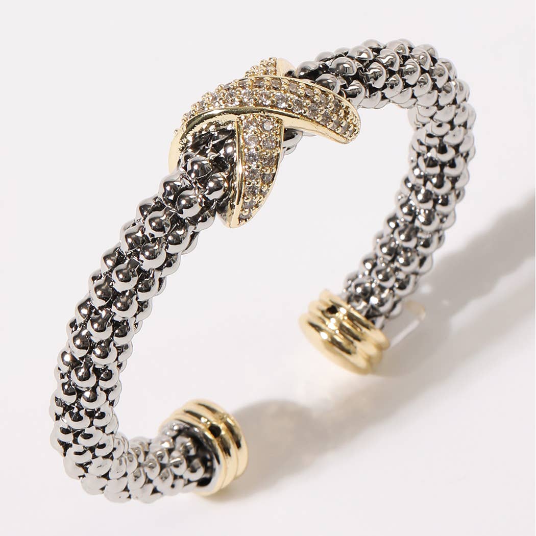 Cz Pave Cross Bar Textured Cuff Bangle Bracelet