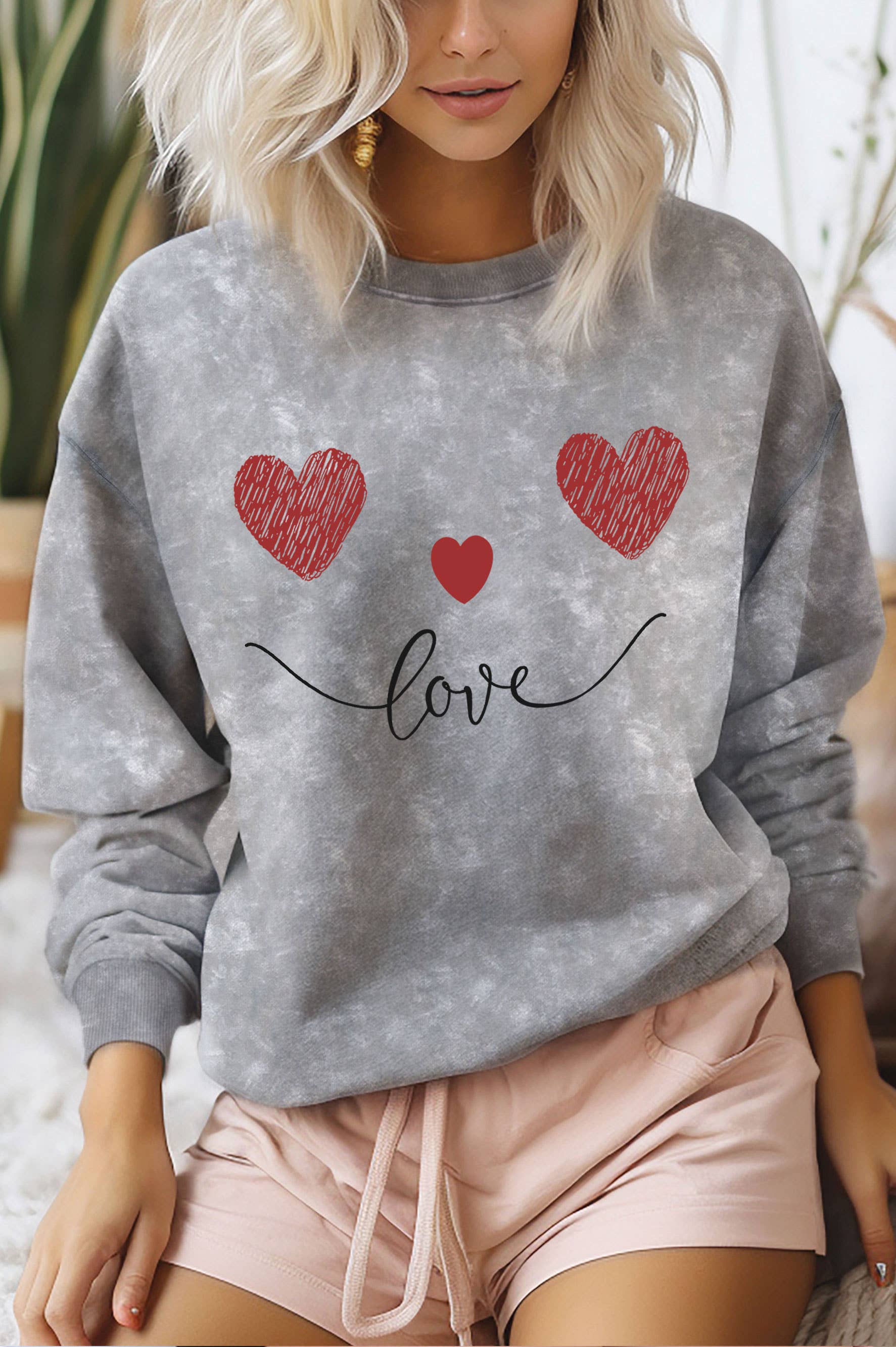 Love Heart Smile Graphic Mineral Brushed Sweatshirts