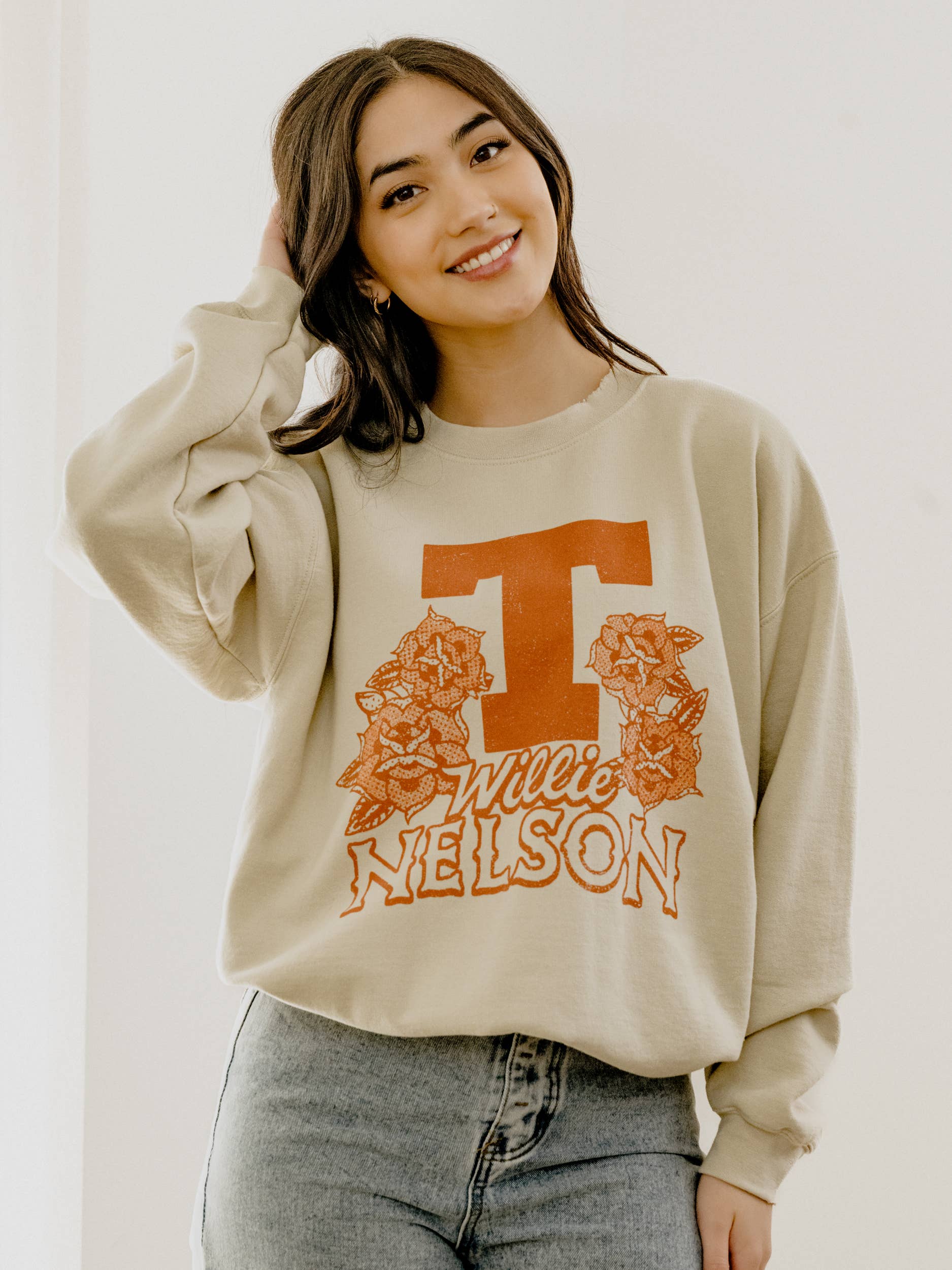 Willie Nelson Ut Longhorns Flowers Sand Thrifted Sweatshirt