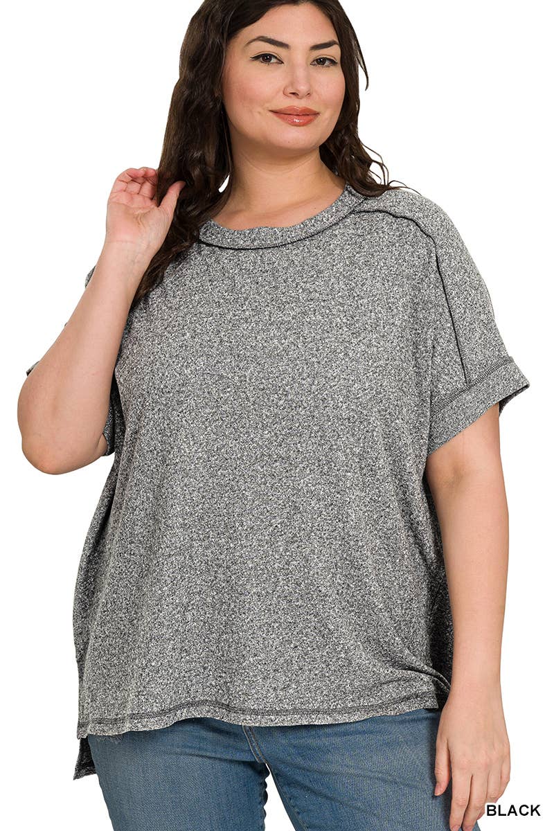 .1014 Plus Soft Melange Folded Sleeve Hi Low Tee SI-27466