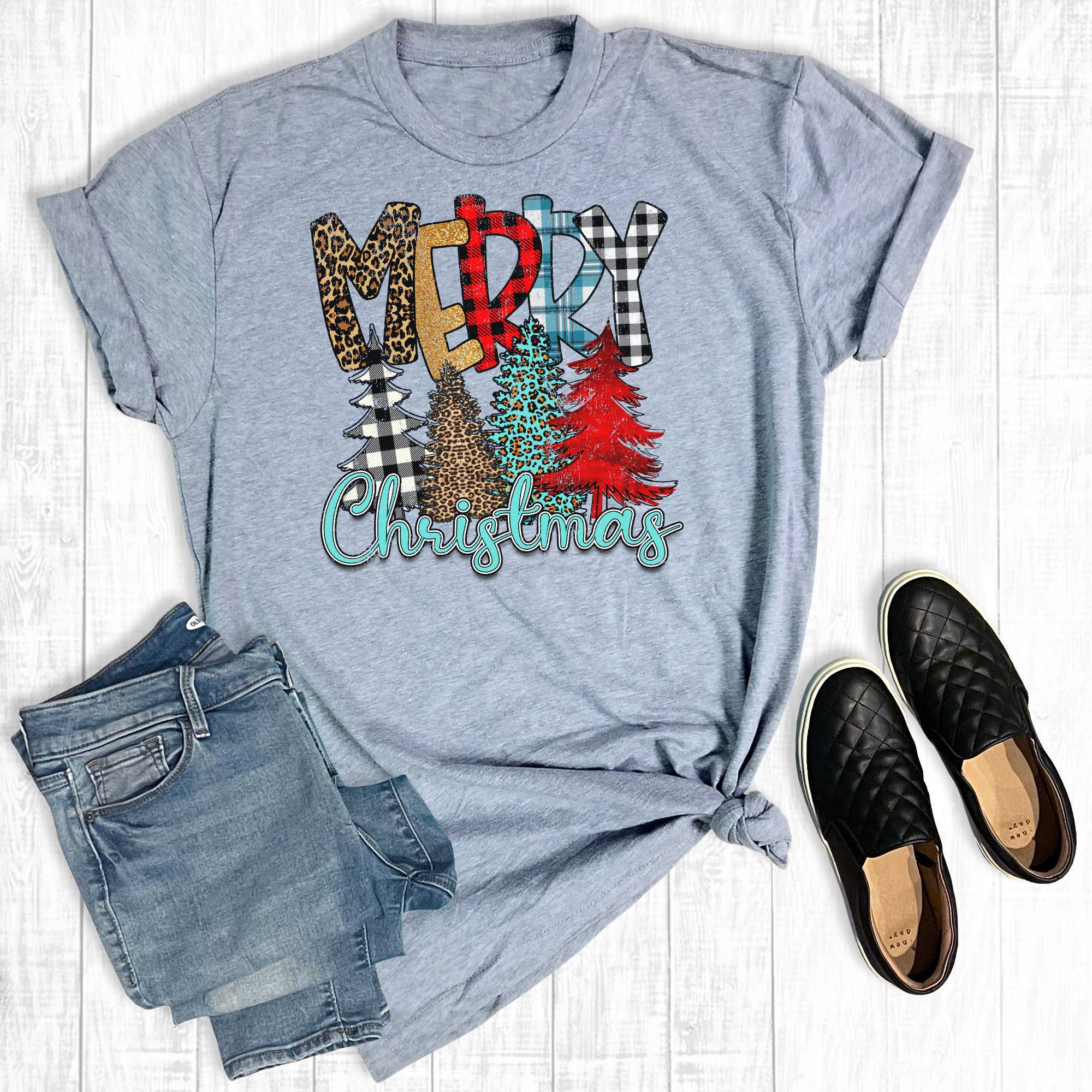 Turquoise Merry Christmas Trees Gray