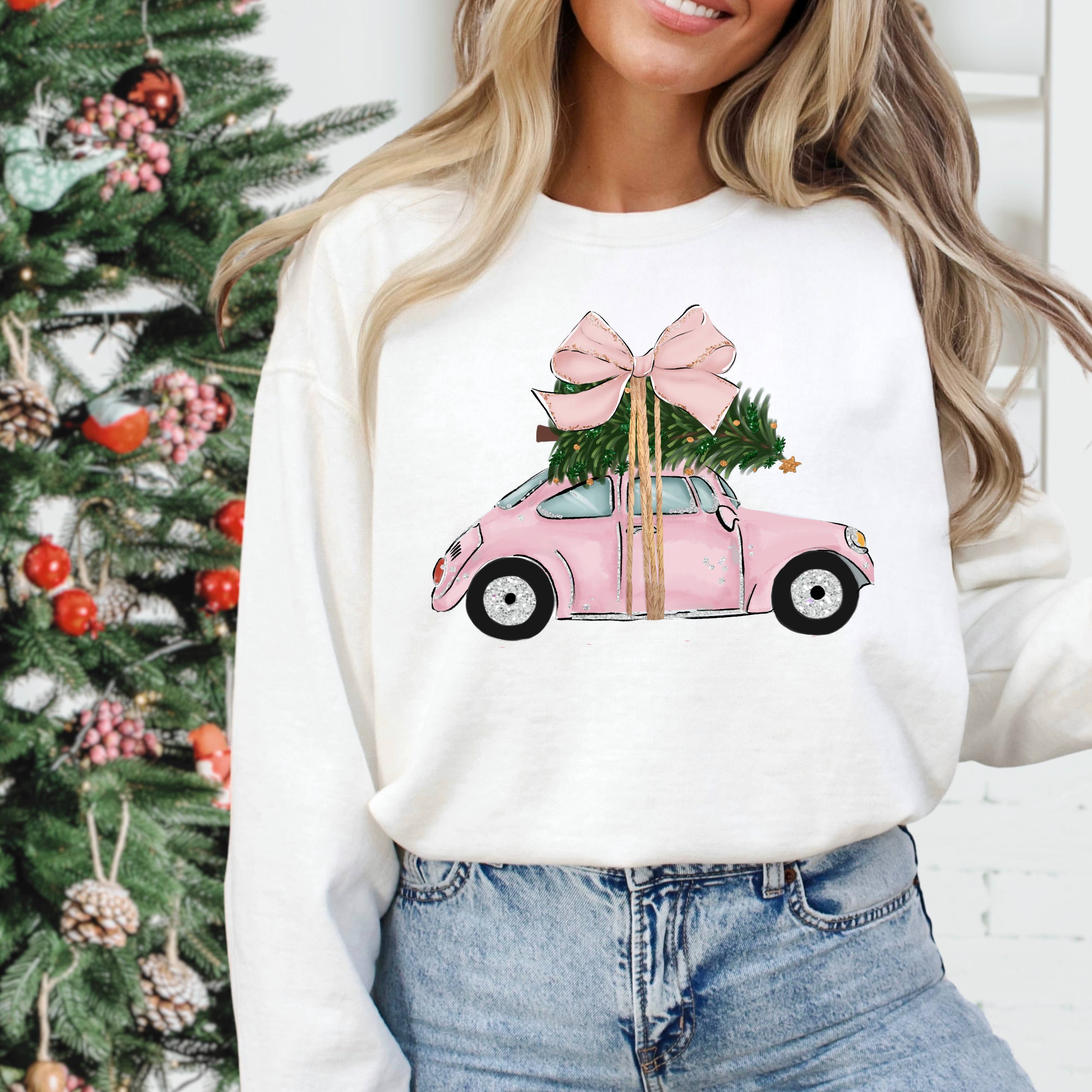 Pink Christmas Car Christmas 2025 Sweatshirt Gildan