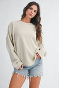 8623HK Waffle Knit Contrast Panel Long Sleeve Top
