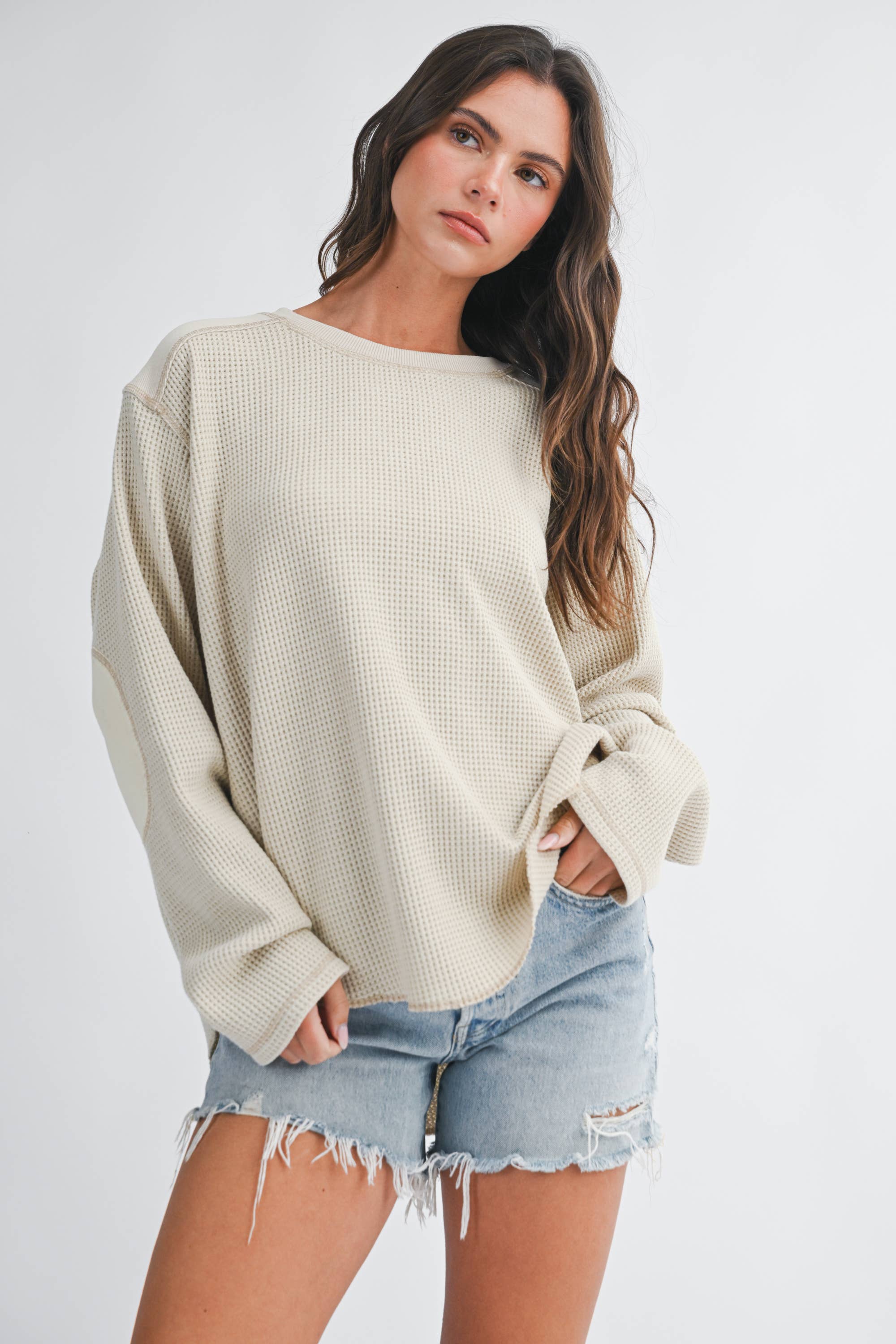 8623HK Waffle Knit Contrast Panel Long Sleeve Top