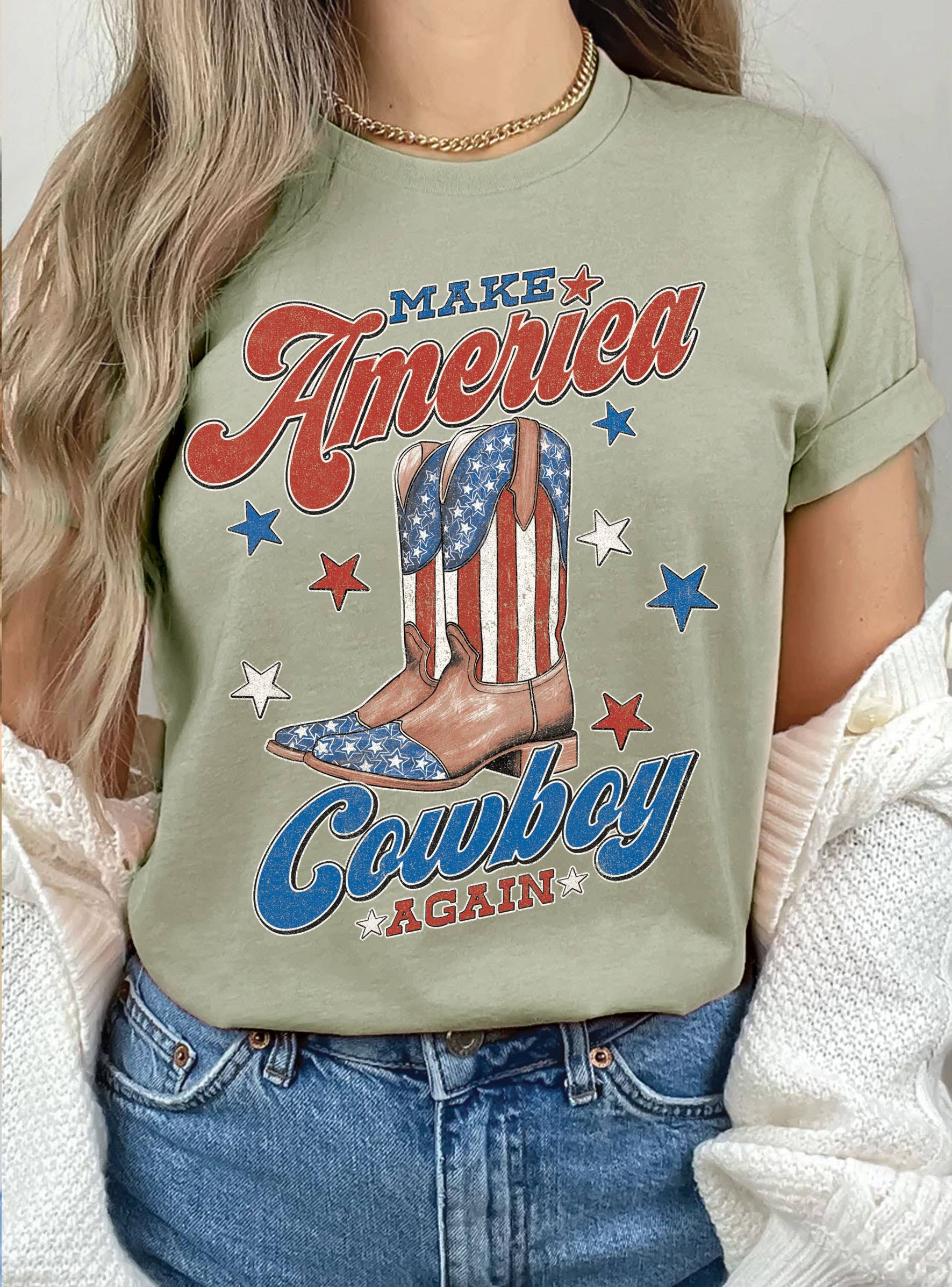 Make America Cowboy Again Flag Boots Graphic Tshirts